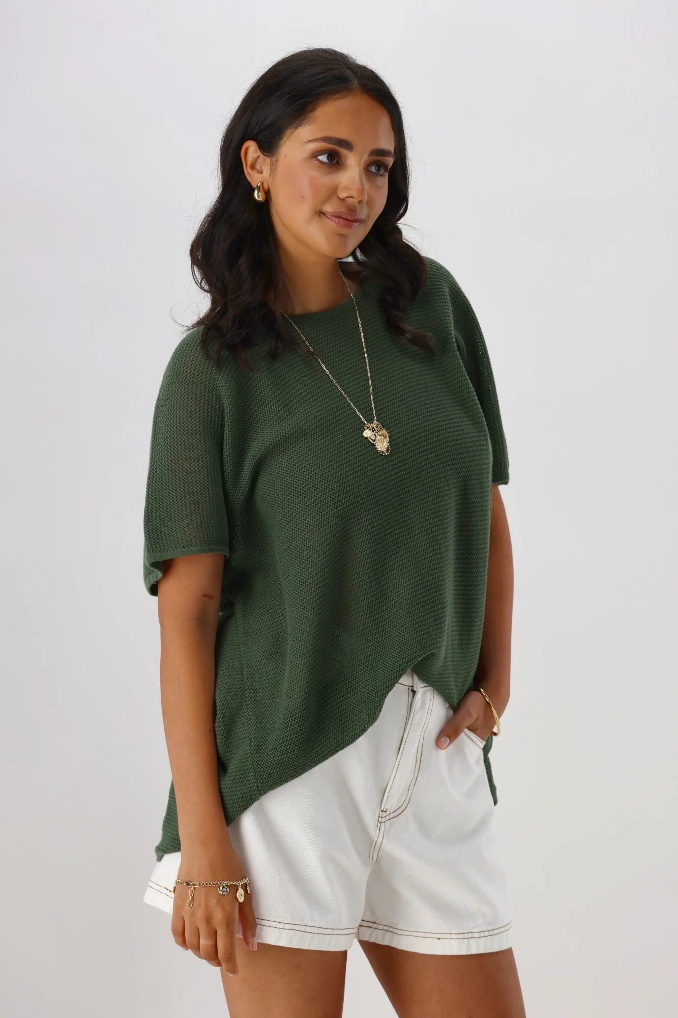 Sunday Boho Milan Mesh Knit Top Khaki - Image 4