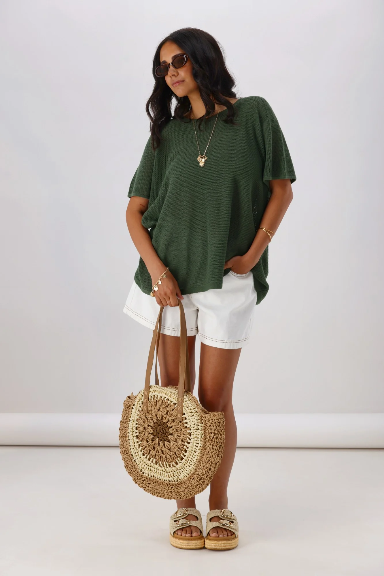 Sunday Boho Milan Mesh Knit Top Khaki - Image 5