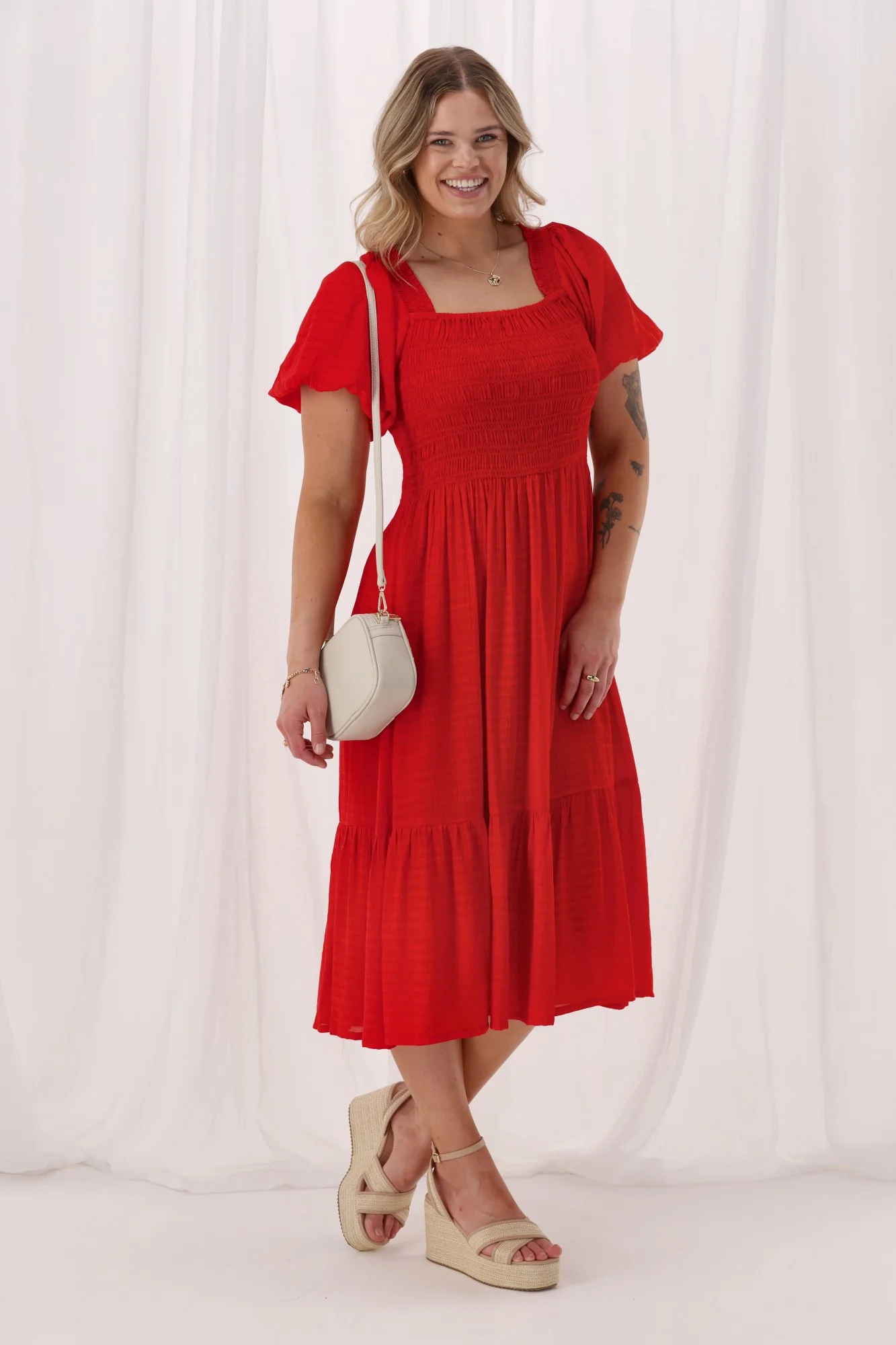 Sunday Boho Monroe Shirred Puff Sleeve Dress Poppy - Image 3