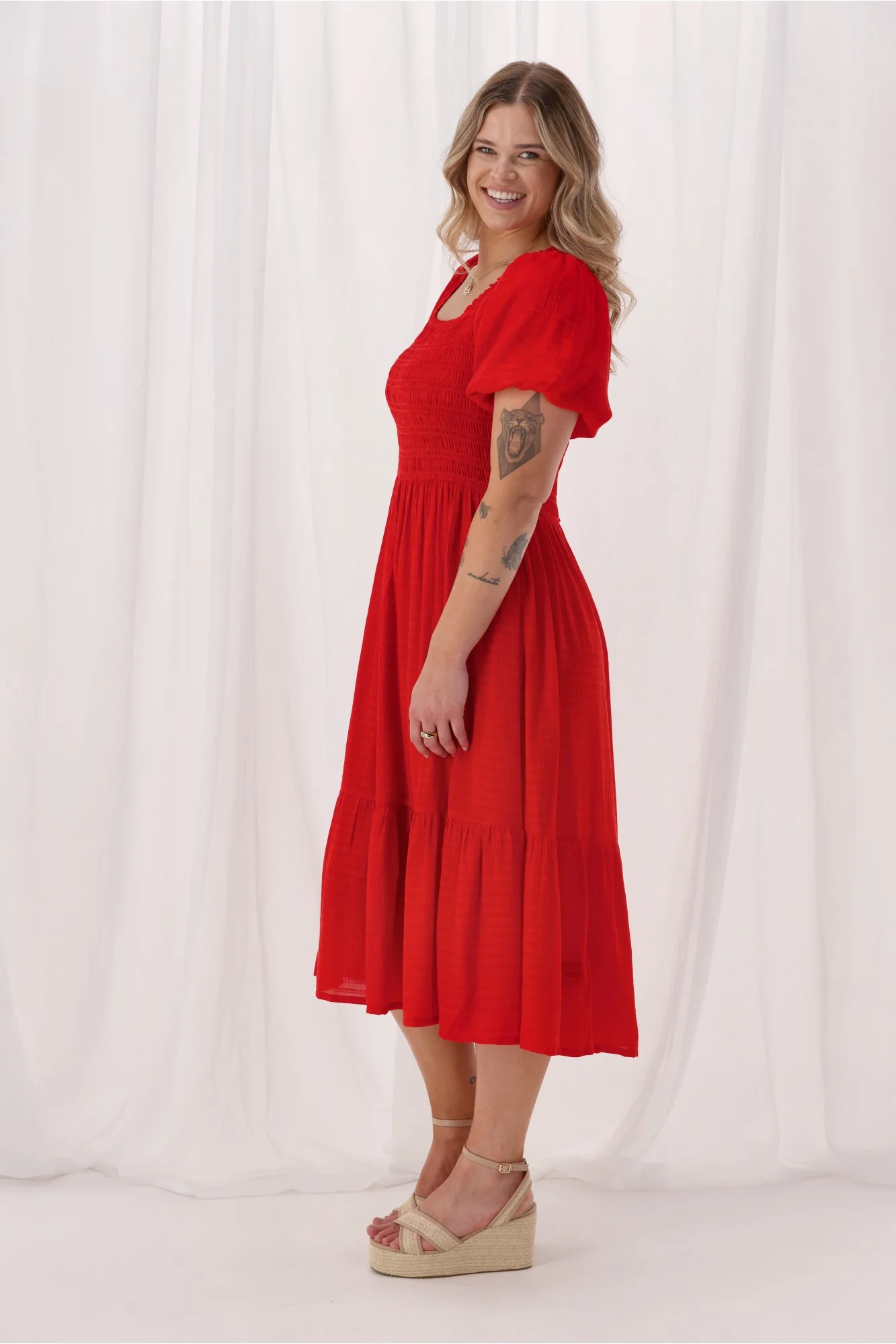 Sunday Boho Monroe Shirred Puff Sleeve Dress Poppy - Image 5