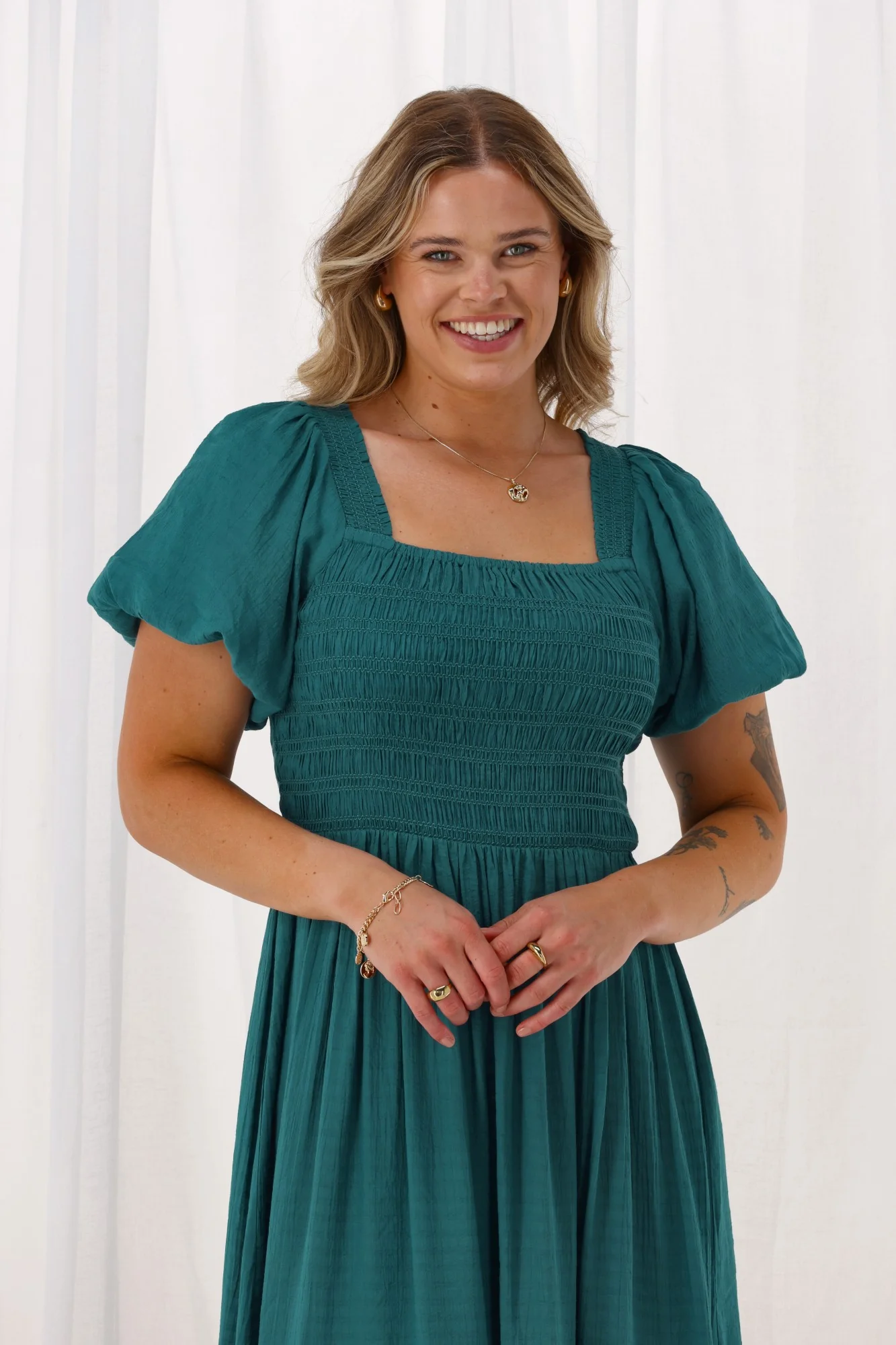 Sunday Boho Monroe Shirred Puff Sleeve Dress Teal - Image 2
