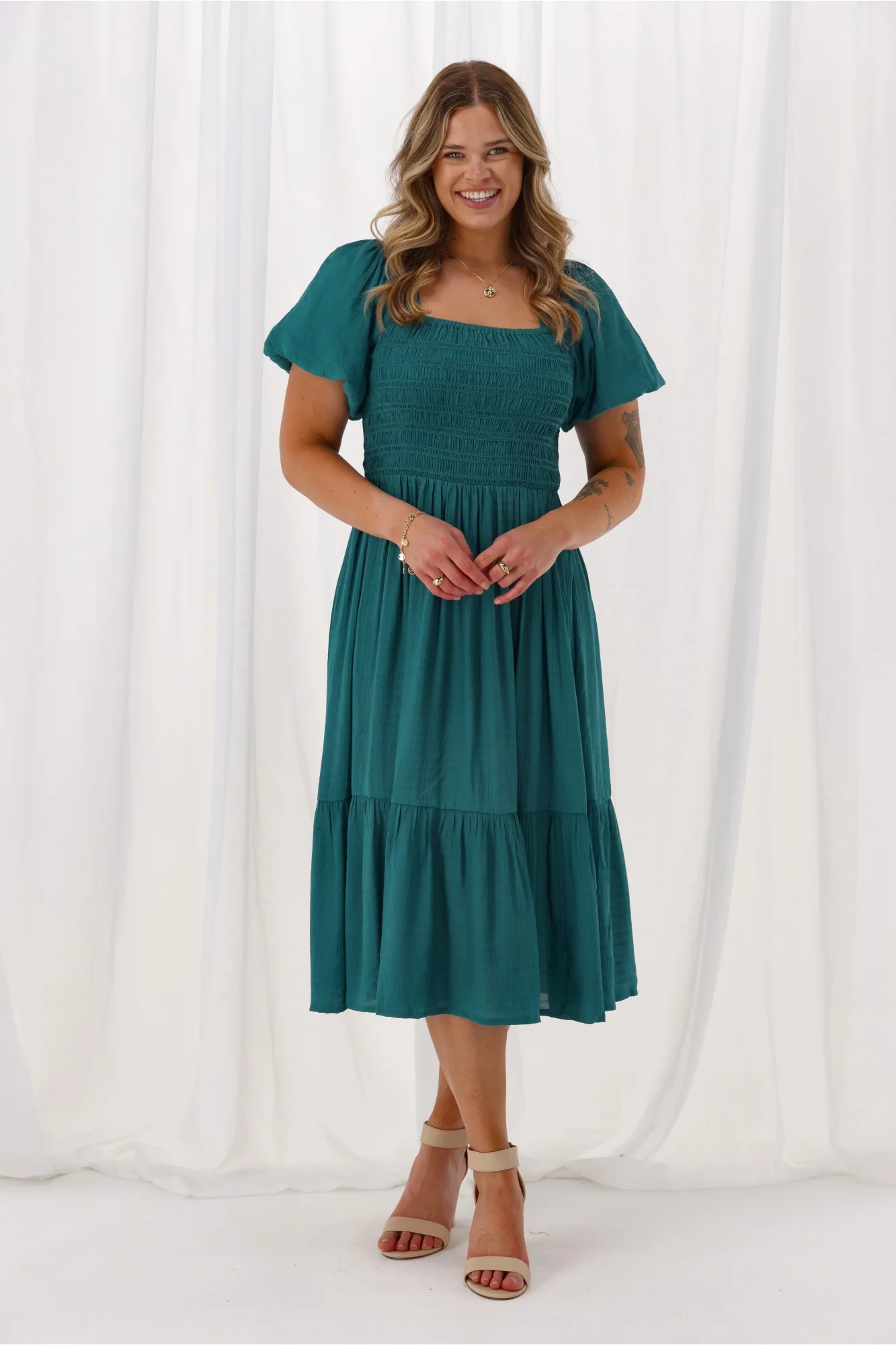 Sunday Boho Monroe Shirred Puff Sleeve Dress Teal - Image 3
