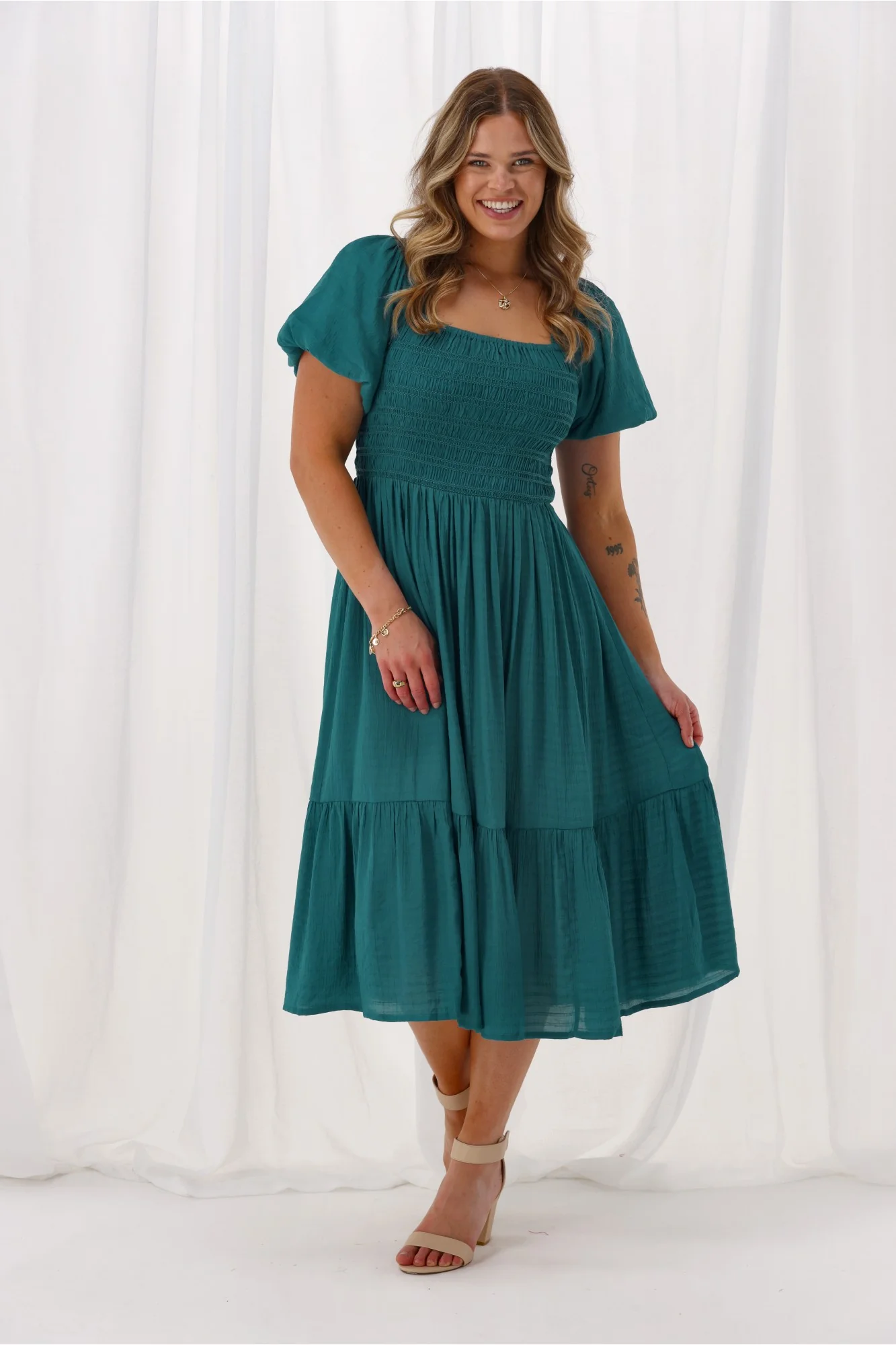 Sunday Boho Monroe Shirred Puff Sleeve Dress Teal - Image 4