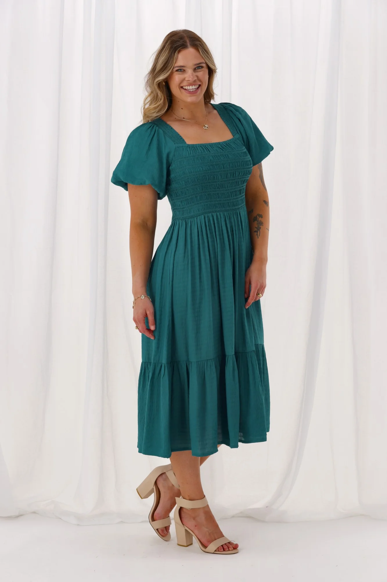 Sunday Boho Monroe Shirred Puff Sleeve Dress Teal - Image 5