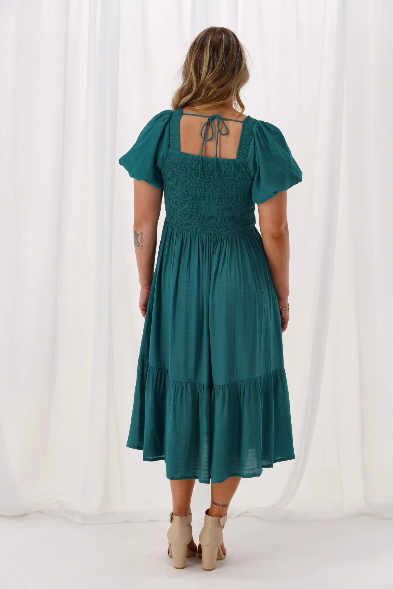 Sunday Boho Monroe Shirred Puff Sleeve Dress Teal - Image 6