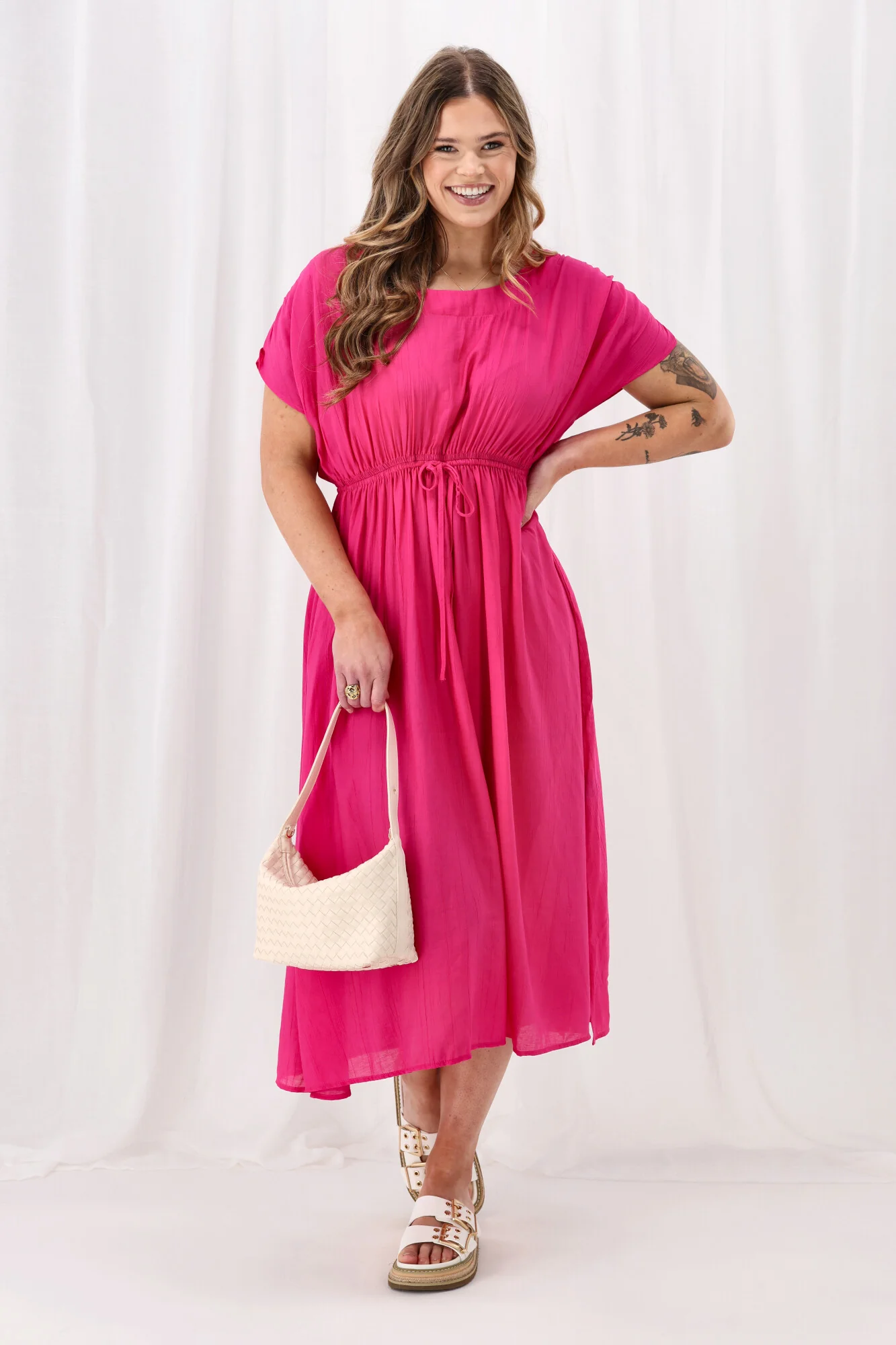 Sunday Boho Myra Shirred Shoulder Dress Fuchsia