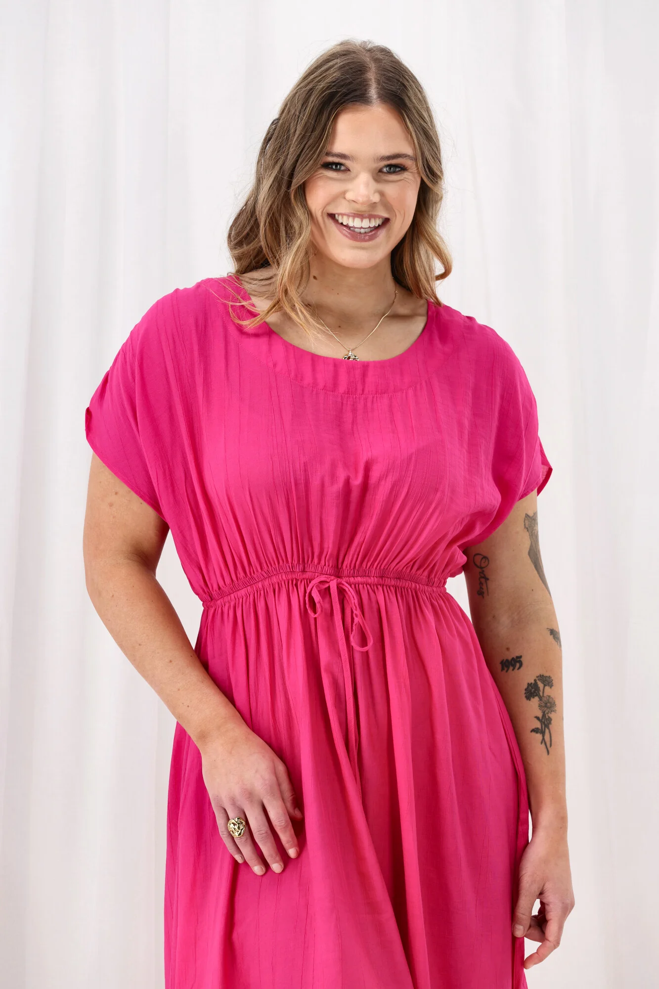 Sunday Boho Myra Shirred Shoulder Dress Fuchsia - Image 3