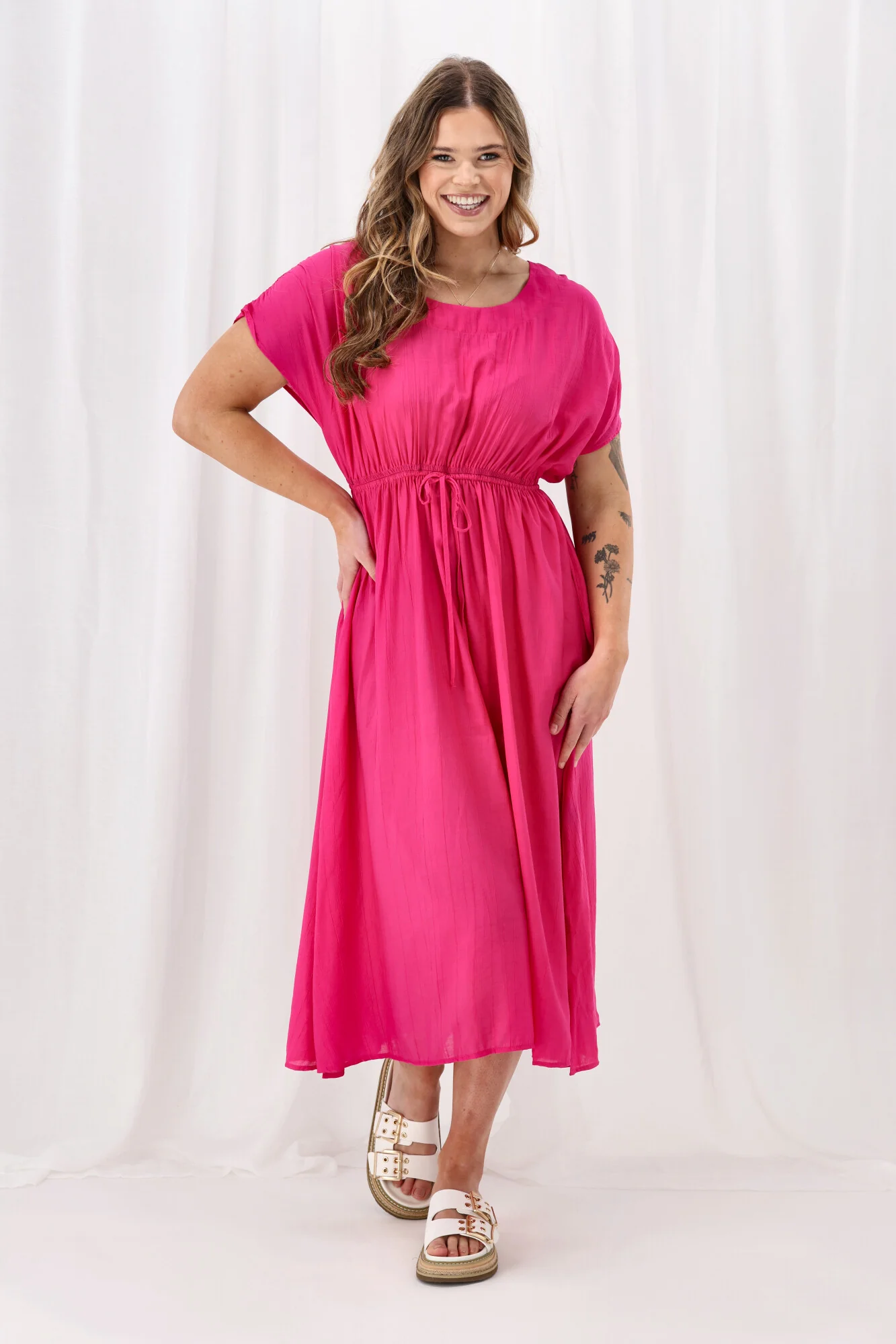 Sunday Boho Myra Shirred Shoulder Dress Fuchsia - Image 4