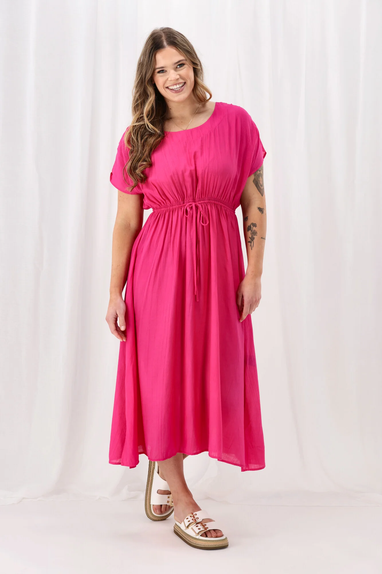 Sunday Boho Myra Shirred Shoulder Dress Fuchsia - Image 5