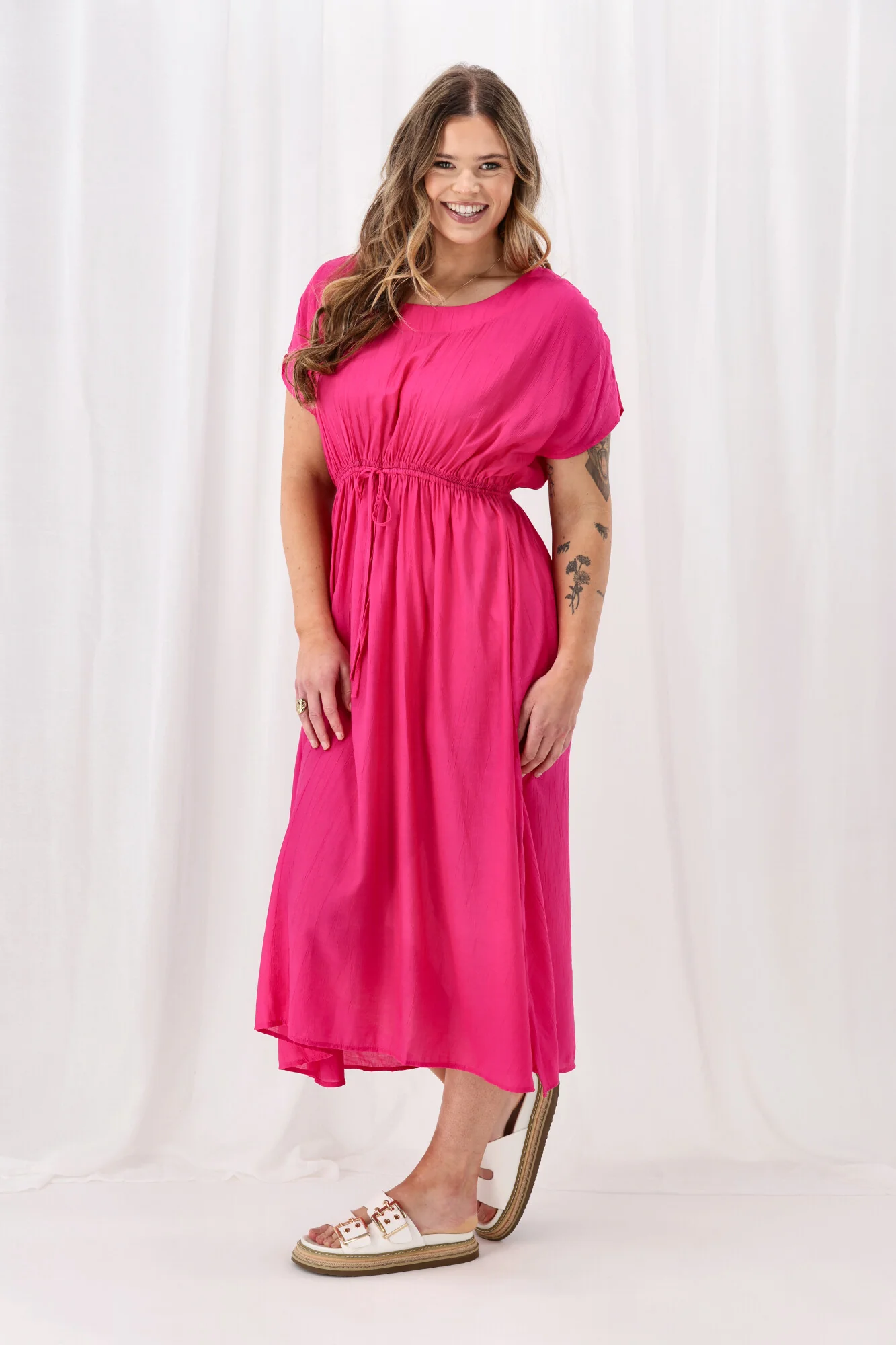 Sunday Boho Myra Shirred Shoulder Dress Fuchsia - Image 6