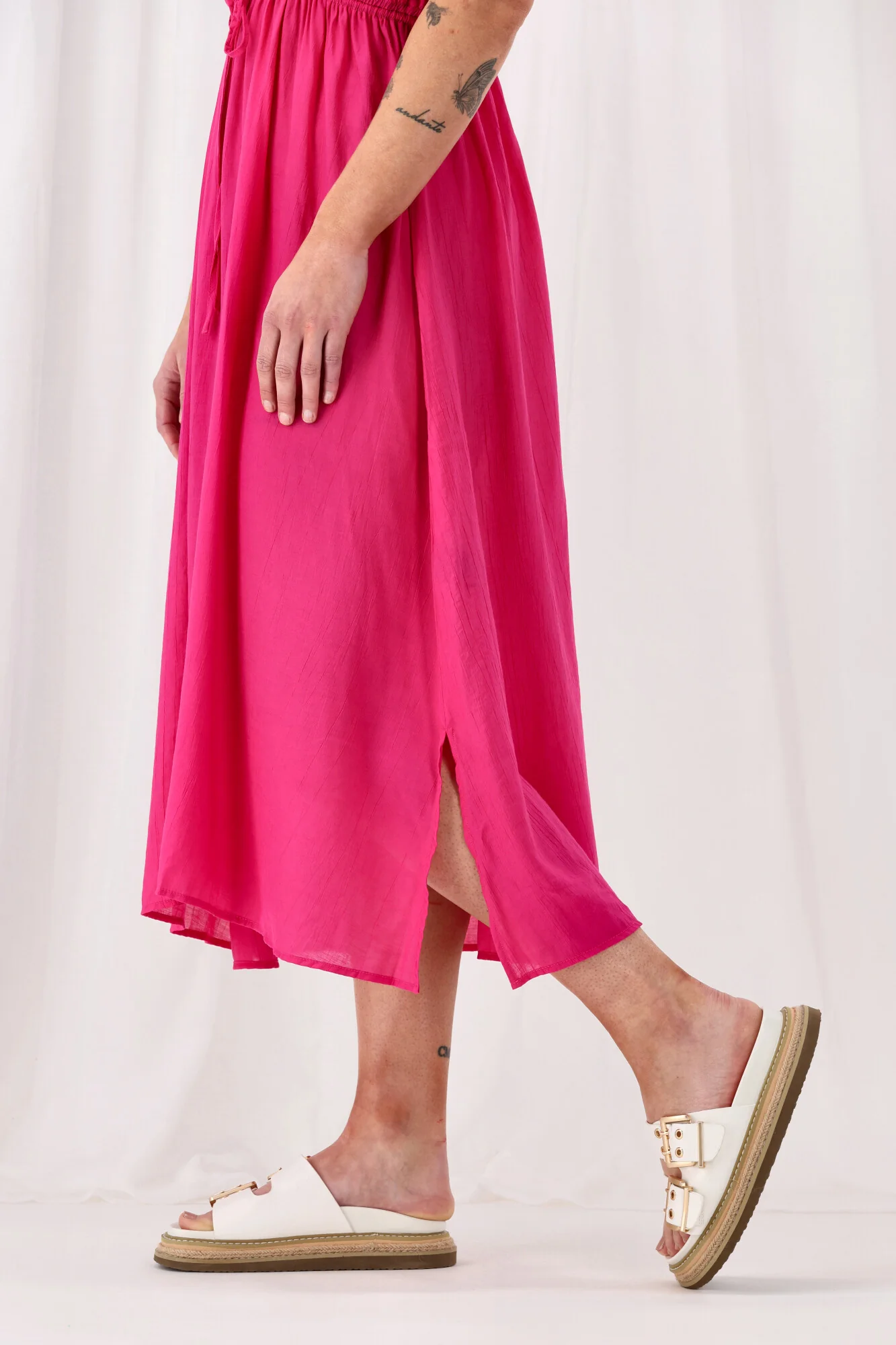 Sunday Boho Myra Shirred Shoulder Dress Fuchsia - Image 8