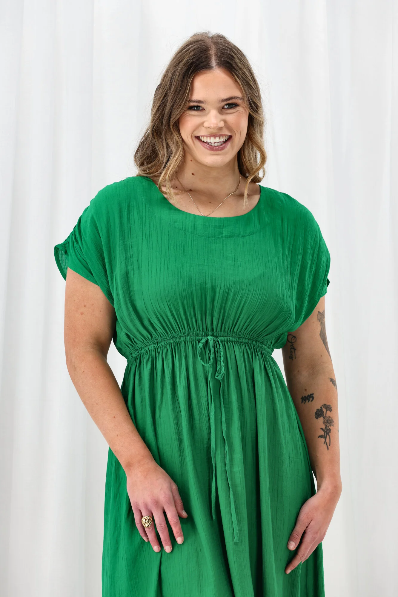 Sunday Boho Myra Shirred Shoulder Dress Green - Image 3