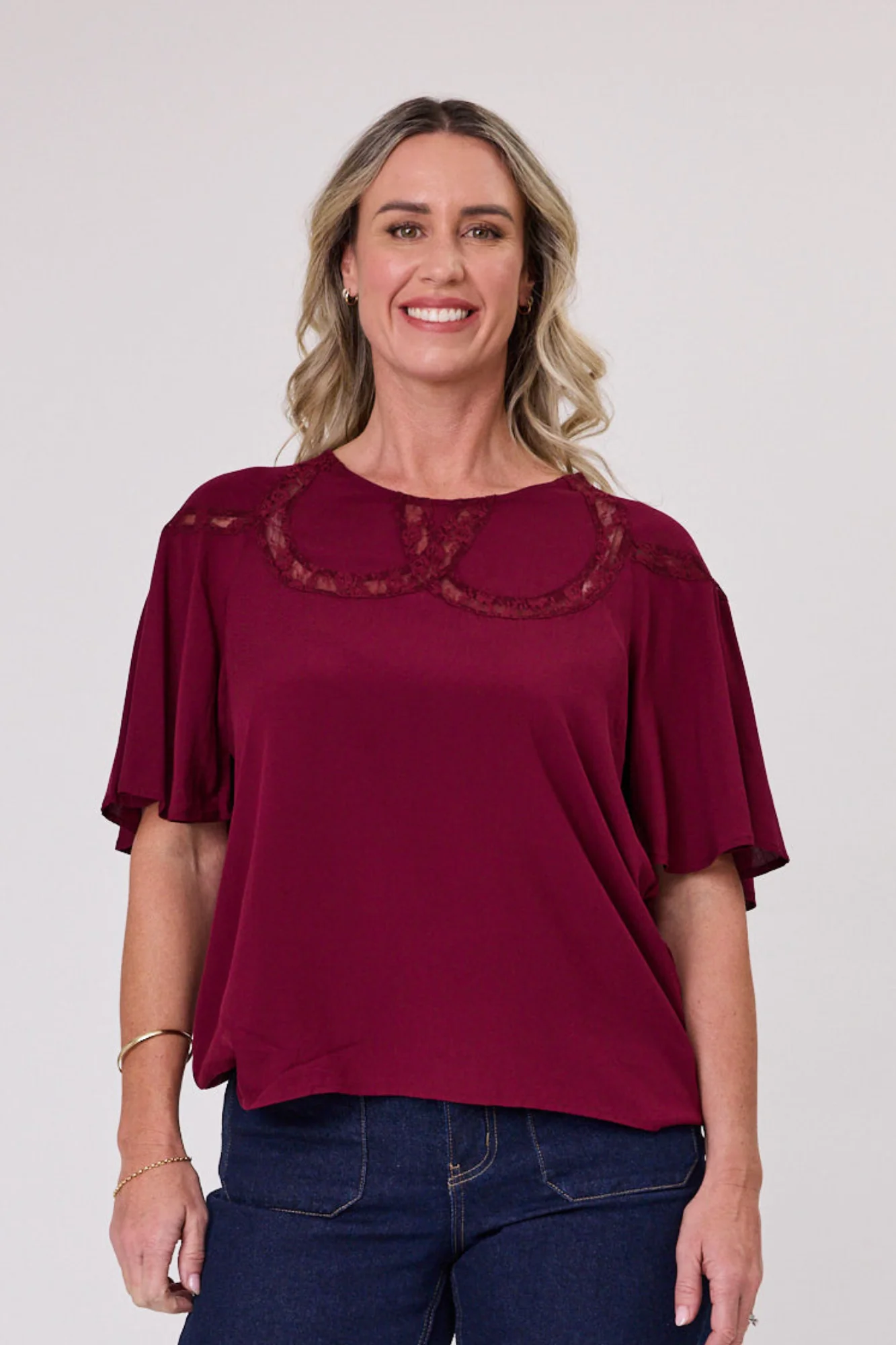 Sunday Boho Nesta Lace Yoke Detail Top Burgundy