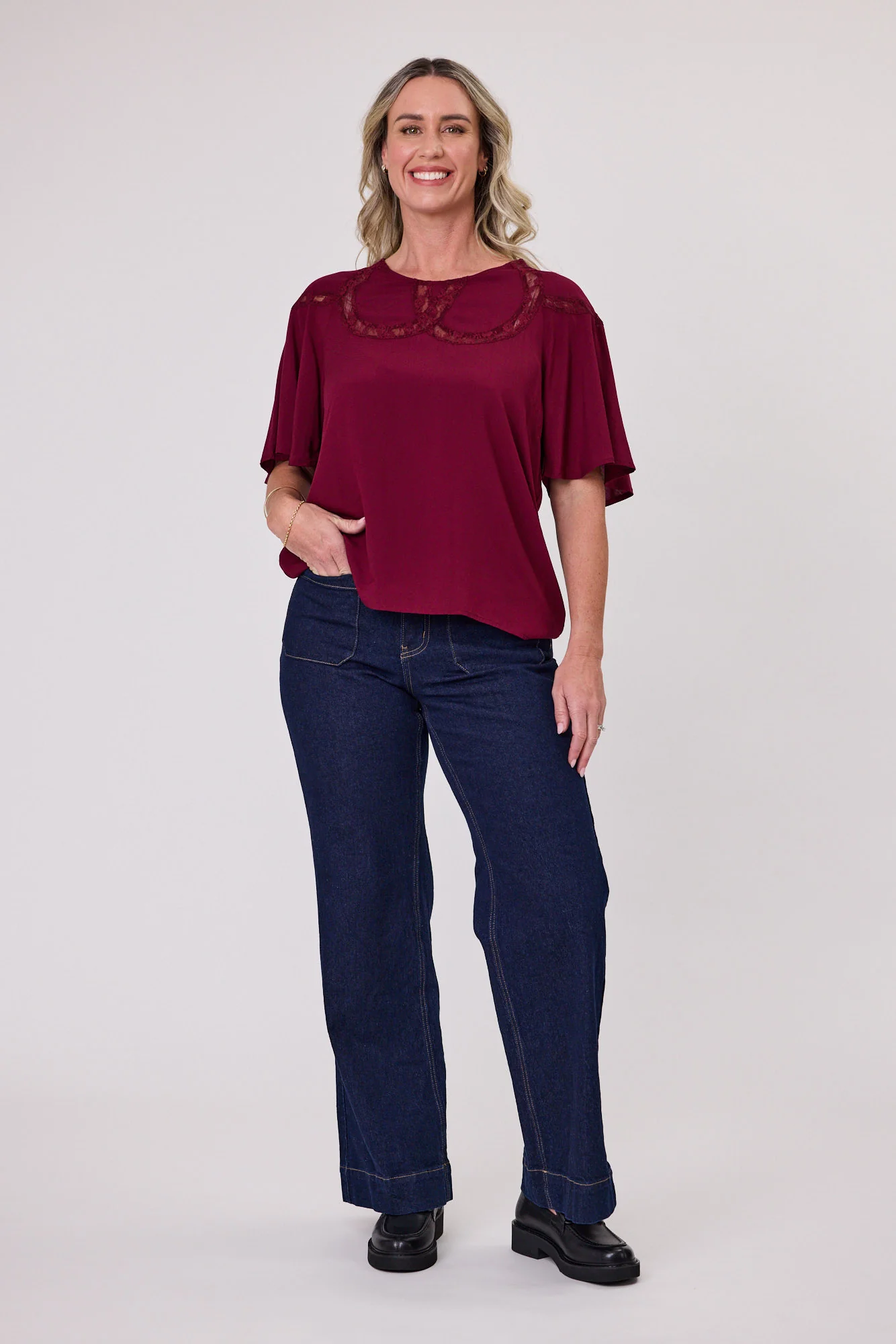 Sunday Boho Nesta Lace Yoke Detail Top Burgundy - Image 3