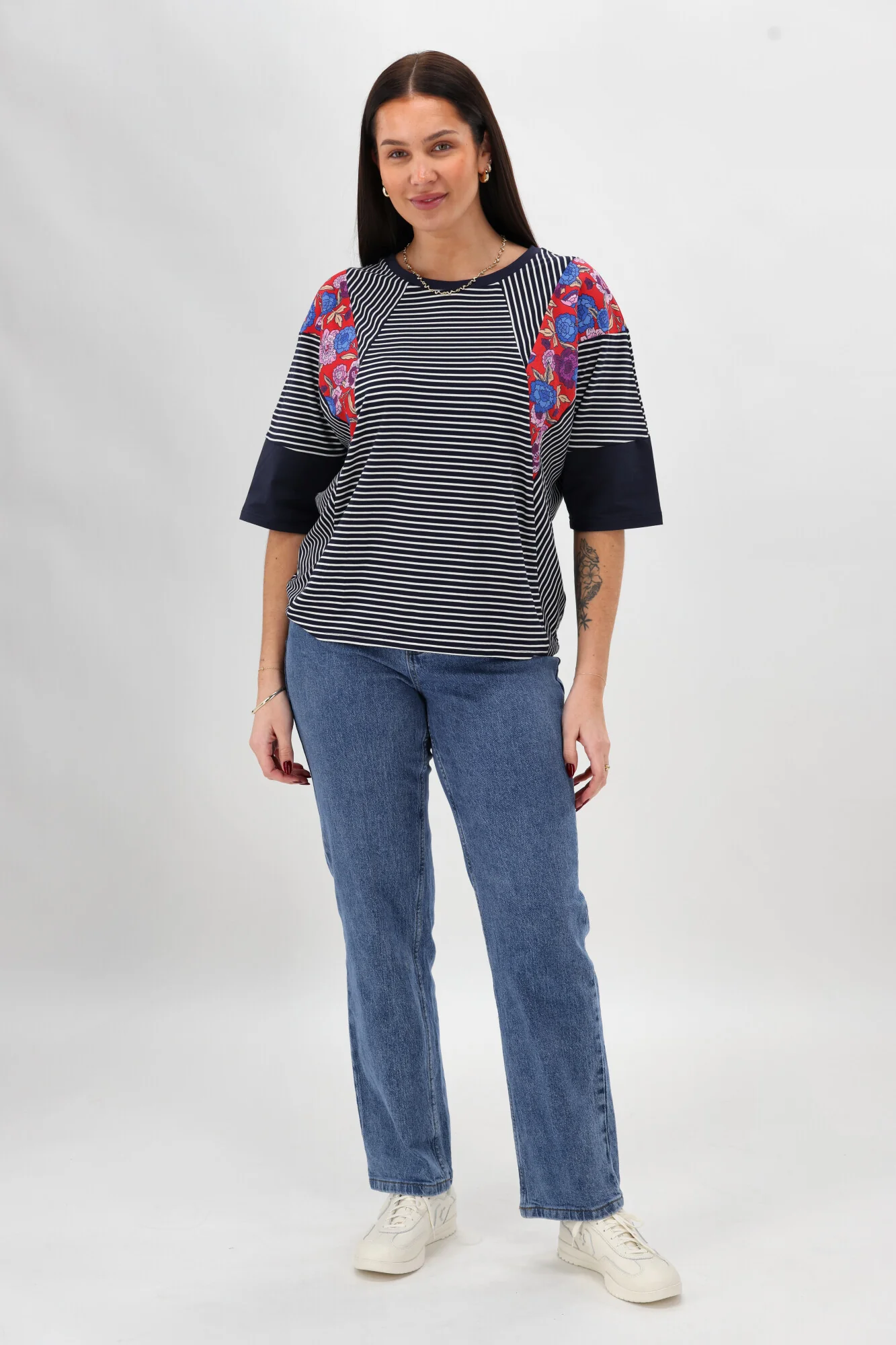 Sunday Boho Paula Floral Panelled Top Navy and White Stripe - Image 3