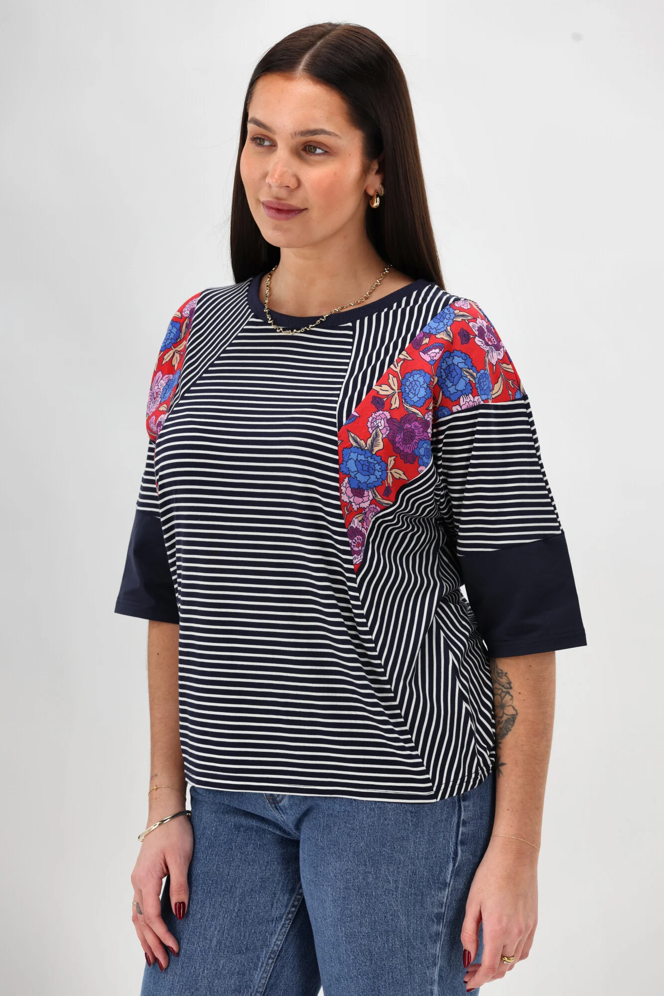 Sunday Boho Paula Floral Panelled Top Navy and White Stripe - Image 4