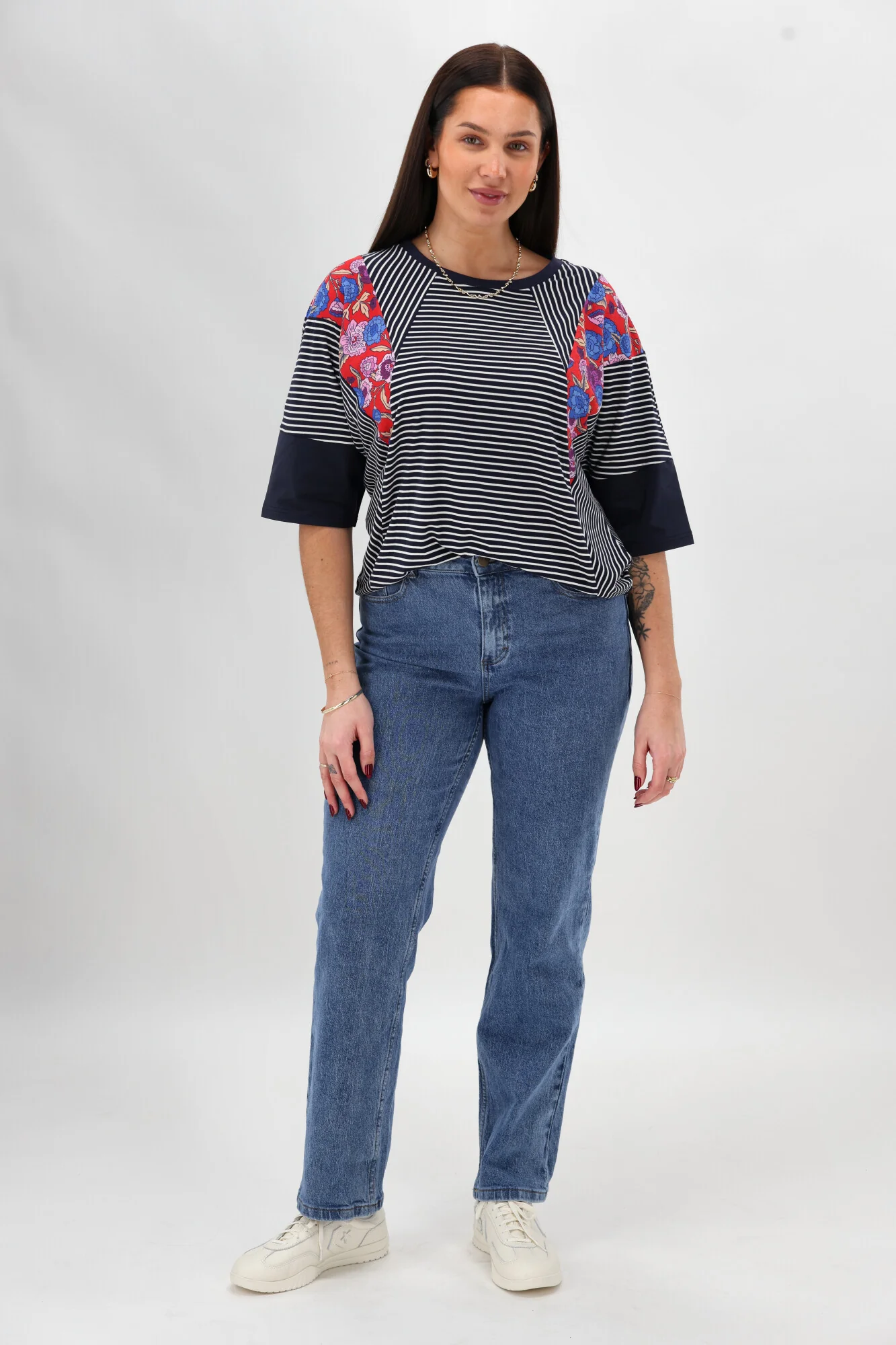 Sunday Boho Paula Floral Panelled Top Navy and White Stripe - Image 5