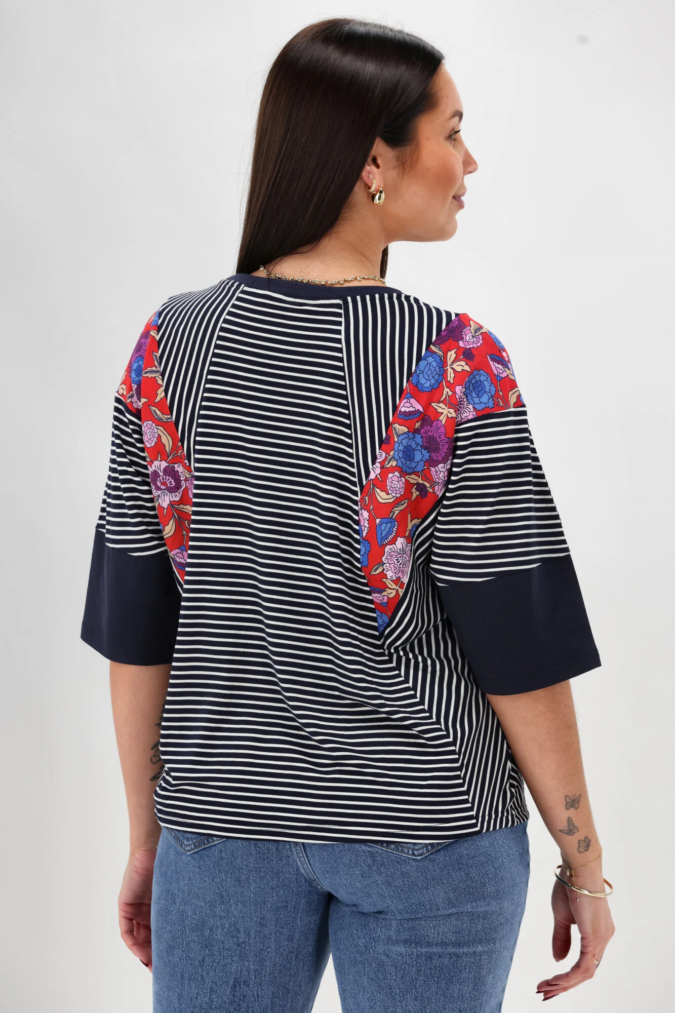 Sunday Boho Paula Floral Panelled Top Navy and White Stripe - Image 6