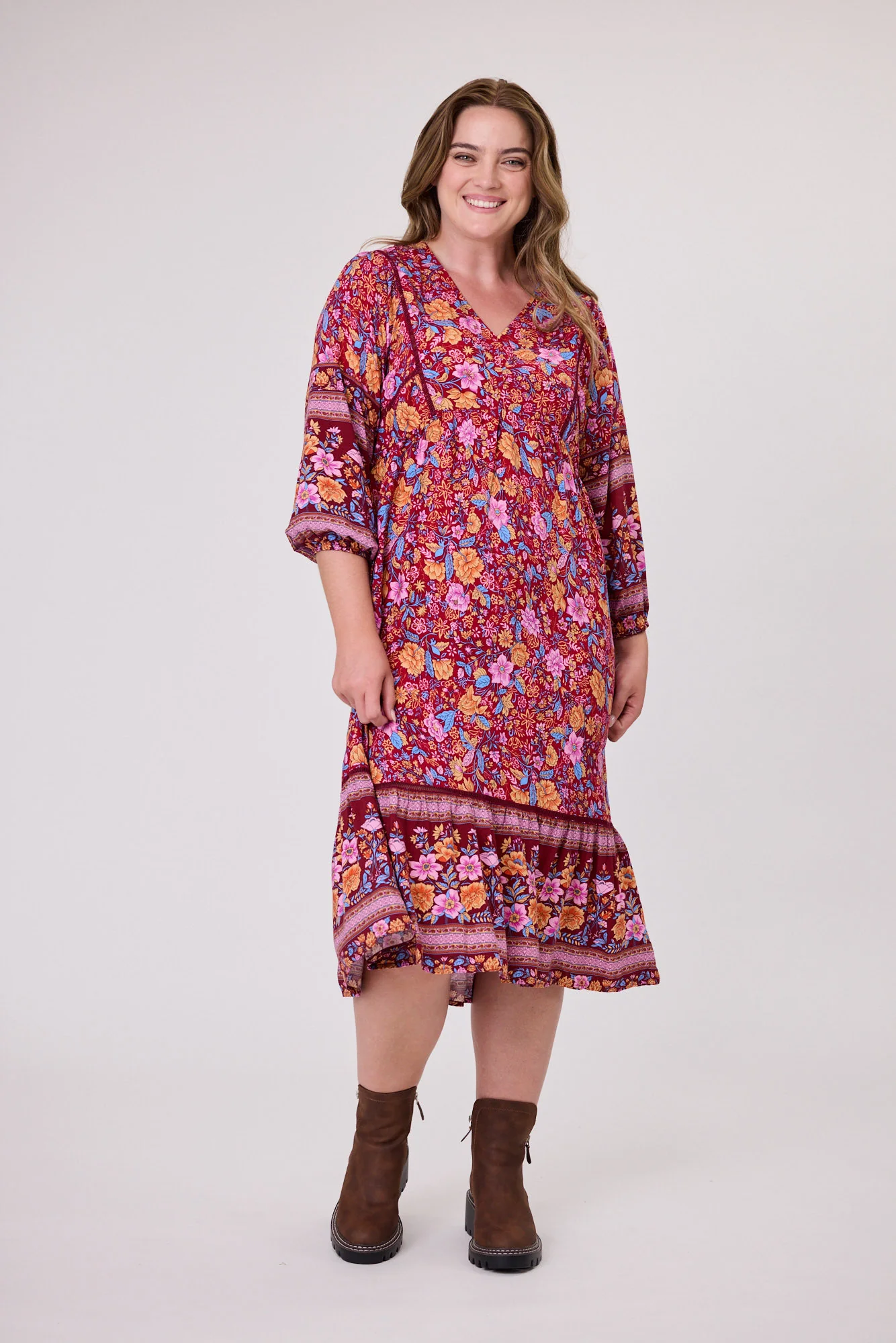 Sunday Boho Rachel Empire Seam Midi Dress Claret
