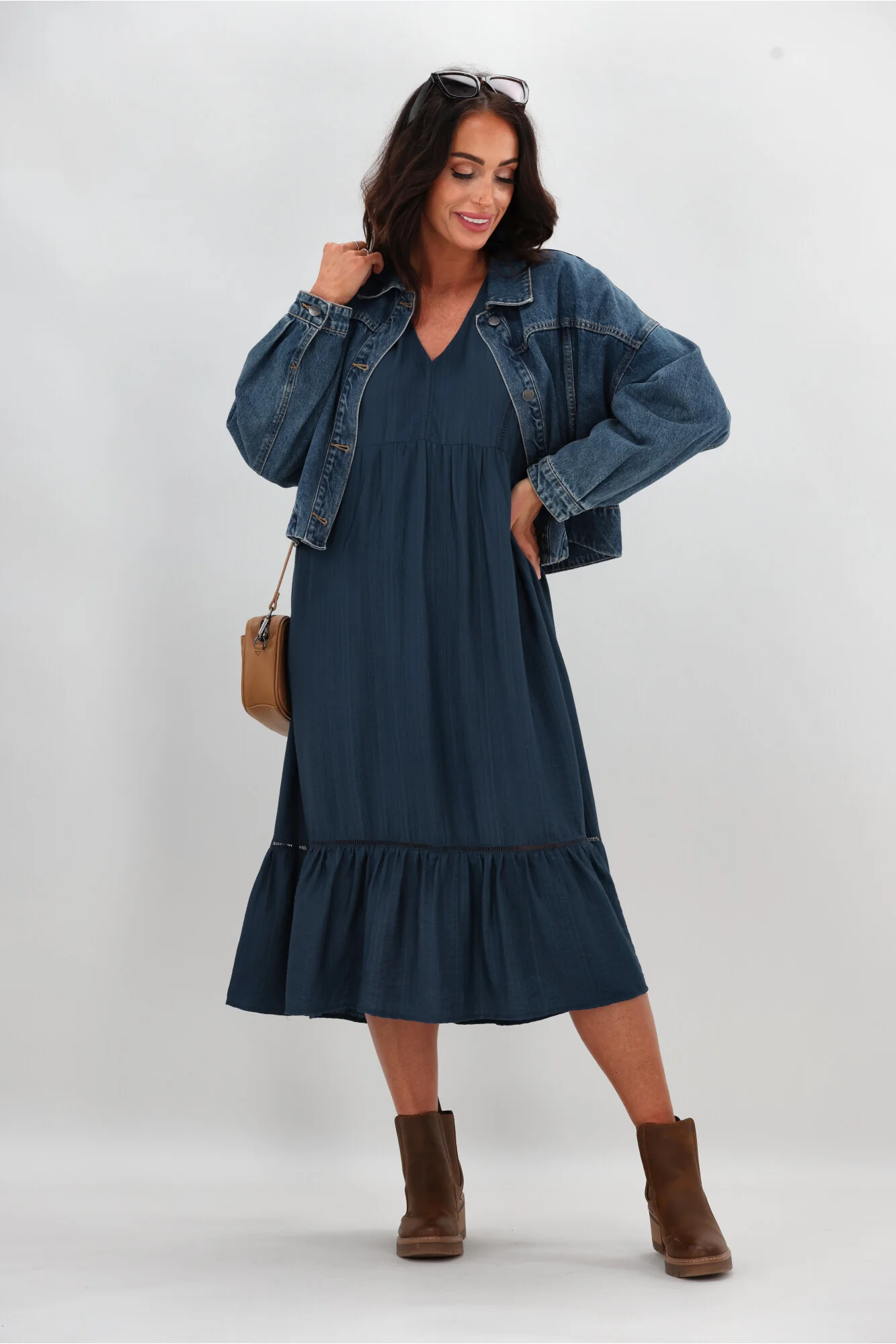 Sunday Boho Rachel Empire Seam Midi Dress Peacock Blue - Image 6