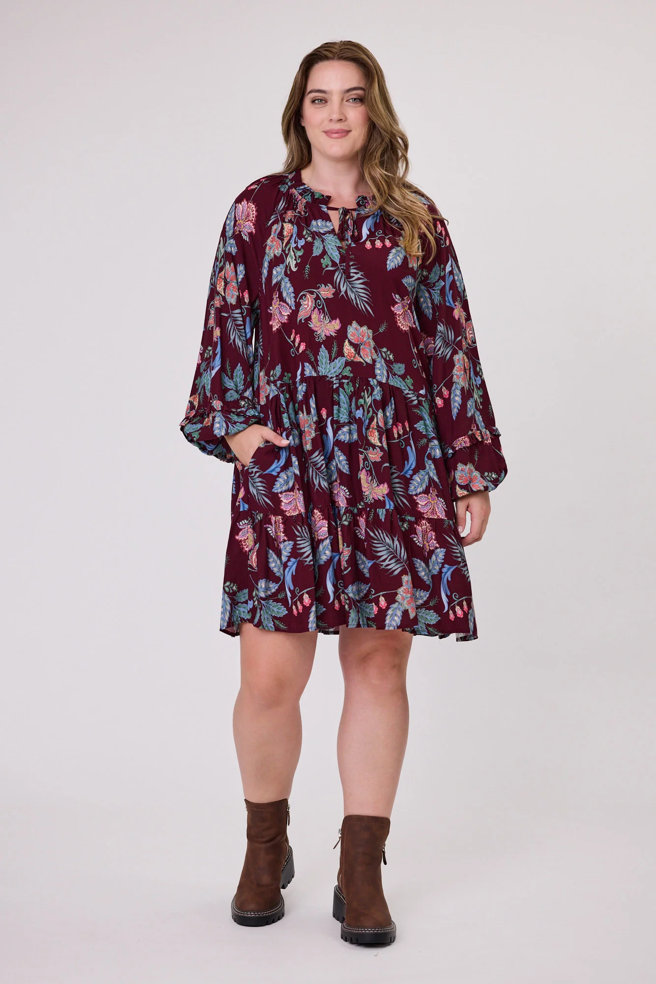 Sunday Boho Raglan Tie Dress Frill Detail Burgundy - Image 2