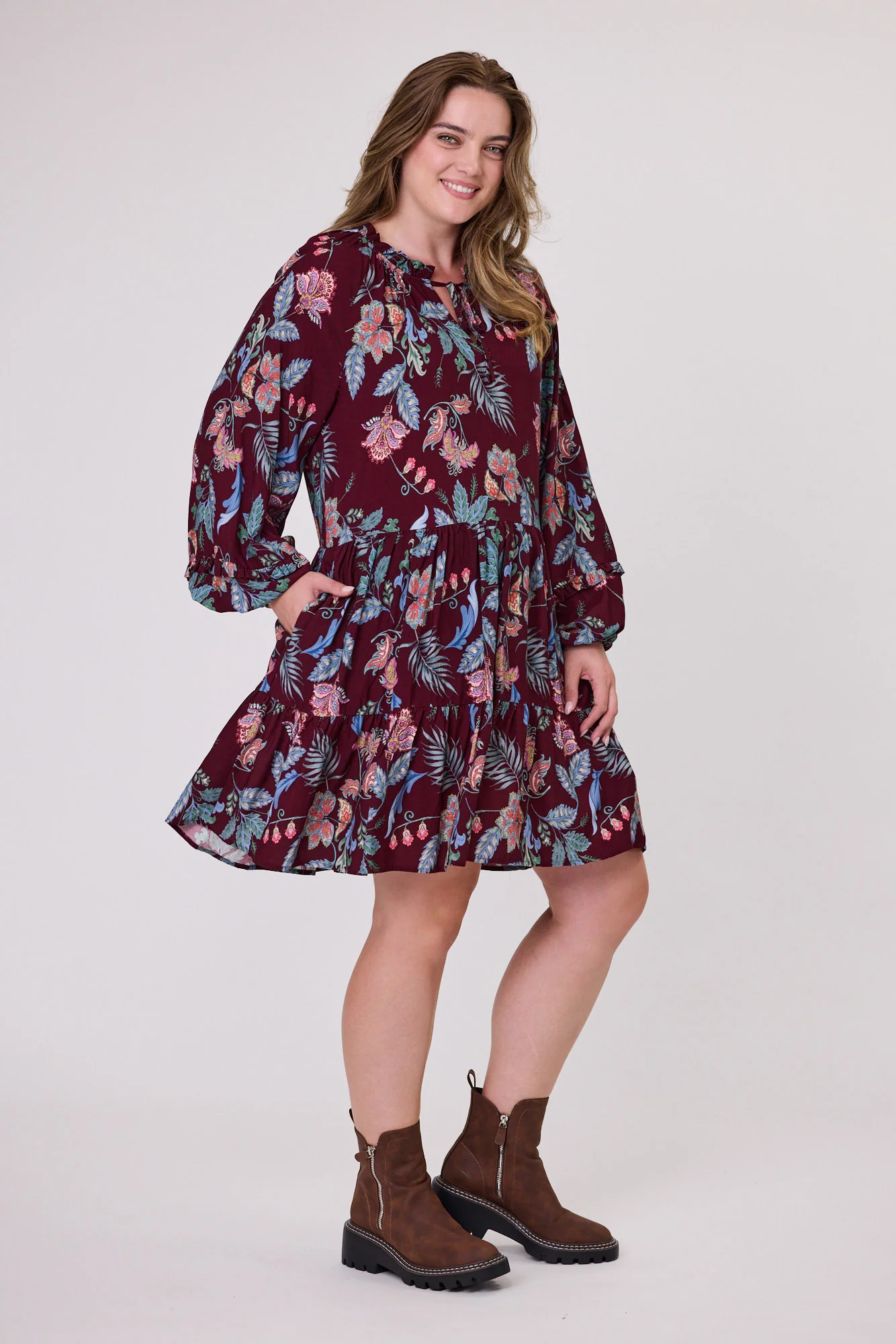 Sunday Boho Raglan Tie Dress Frill Detail Burgundy - Image 3