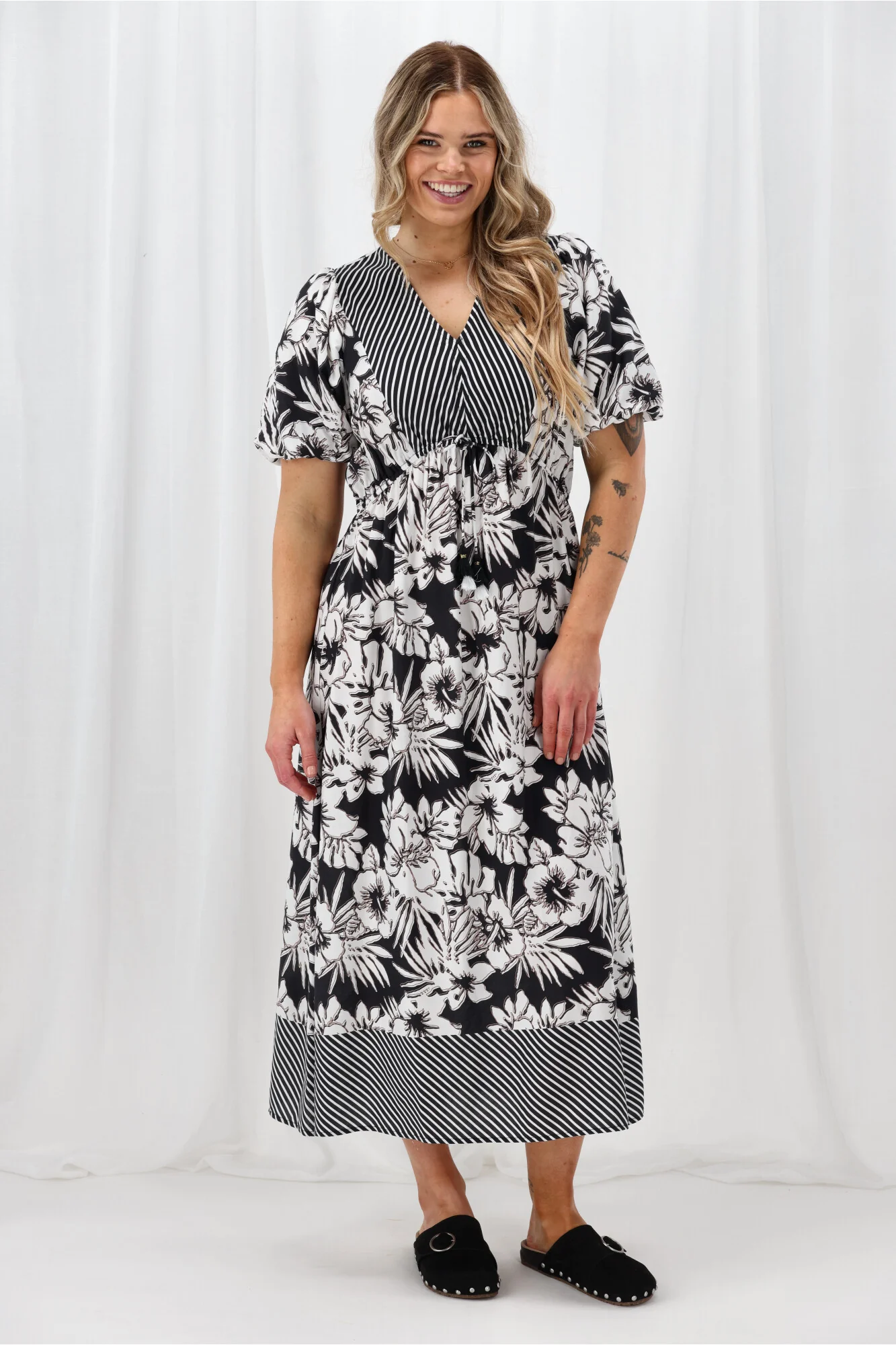 Sunday Boho Rebecca Border Print Dress Black White - Image 2