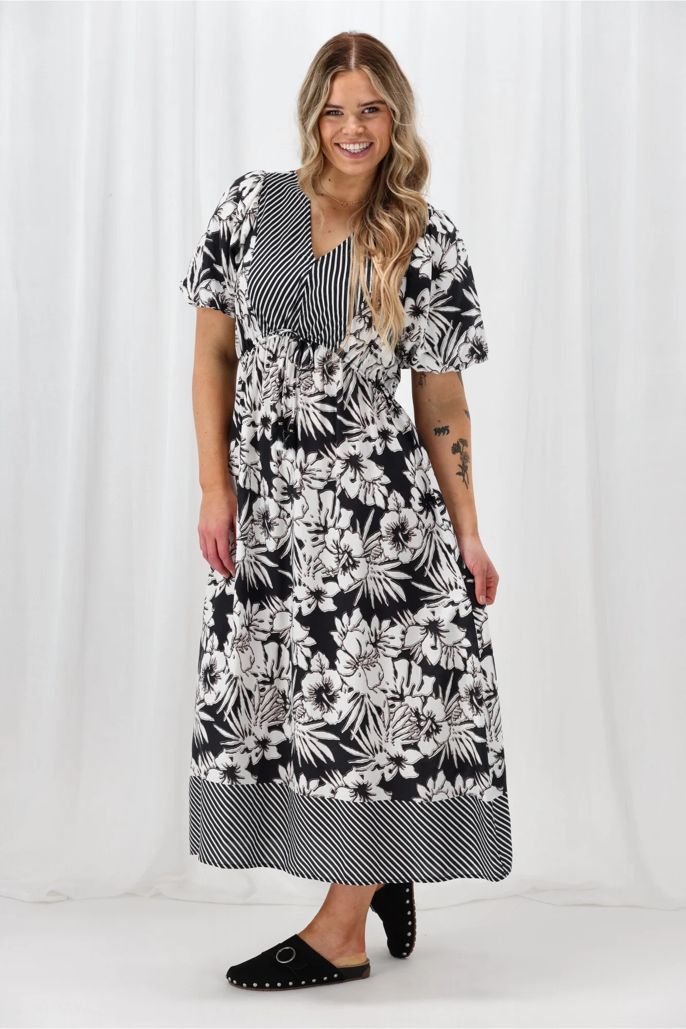 Sunday Boho Rebecca Border Print Dress Black White - Image 4