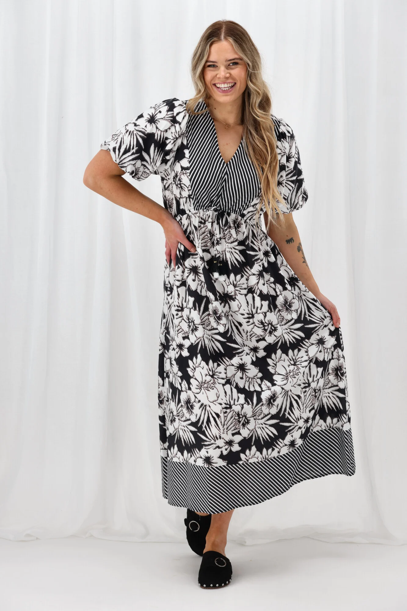 Sunday Boho Rebecca Border Print Dress Black White - Image 5