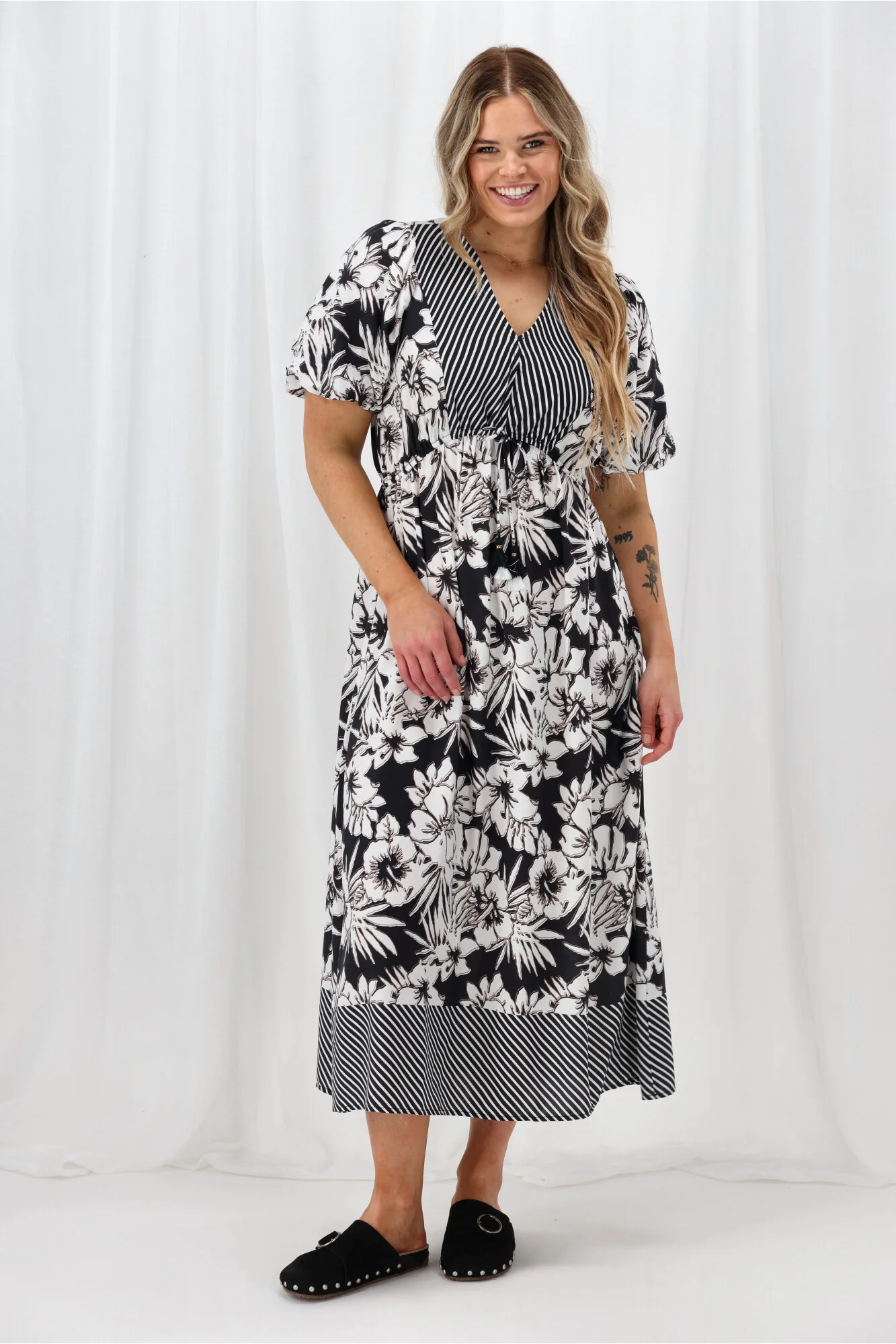 Sunday Boho Rebecca Border Print Dress Black White - Image 6