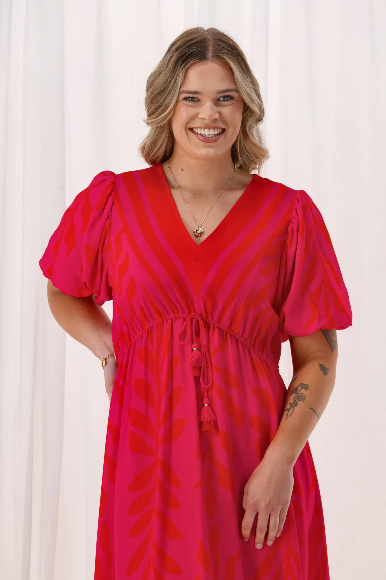 Sunday Boho Rebecca Border Print Dress Fuchsia Lipstick - Image 2