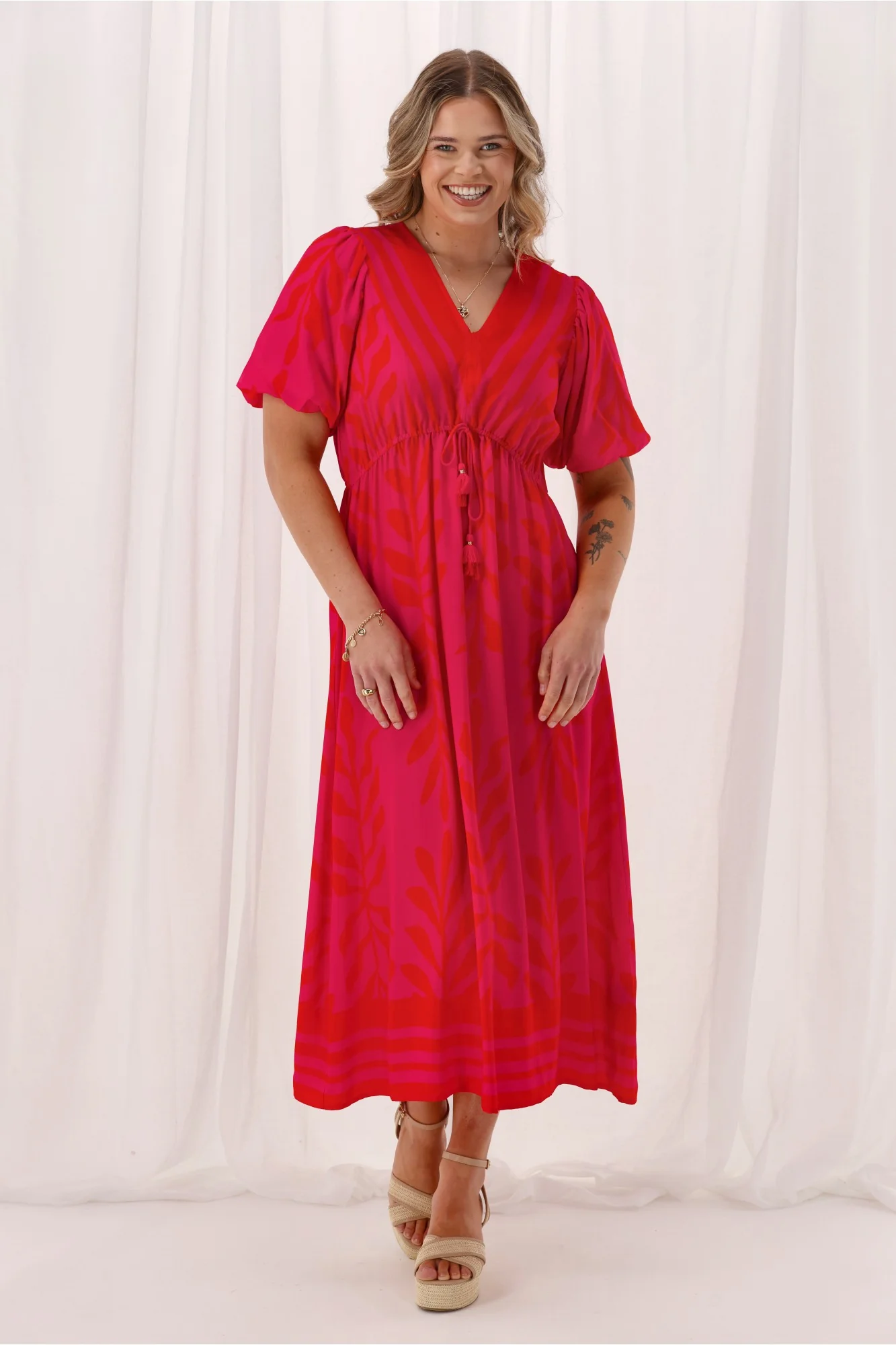 Sunday Boho Rebecca Border Print Dress Fuchsia Lipstick - Image 3