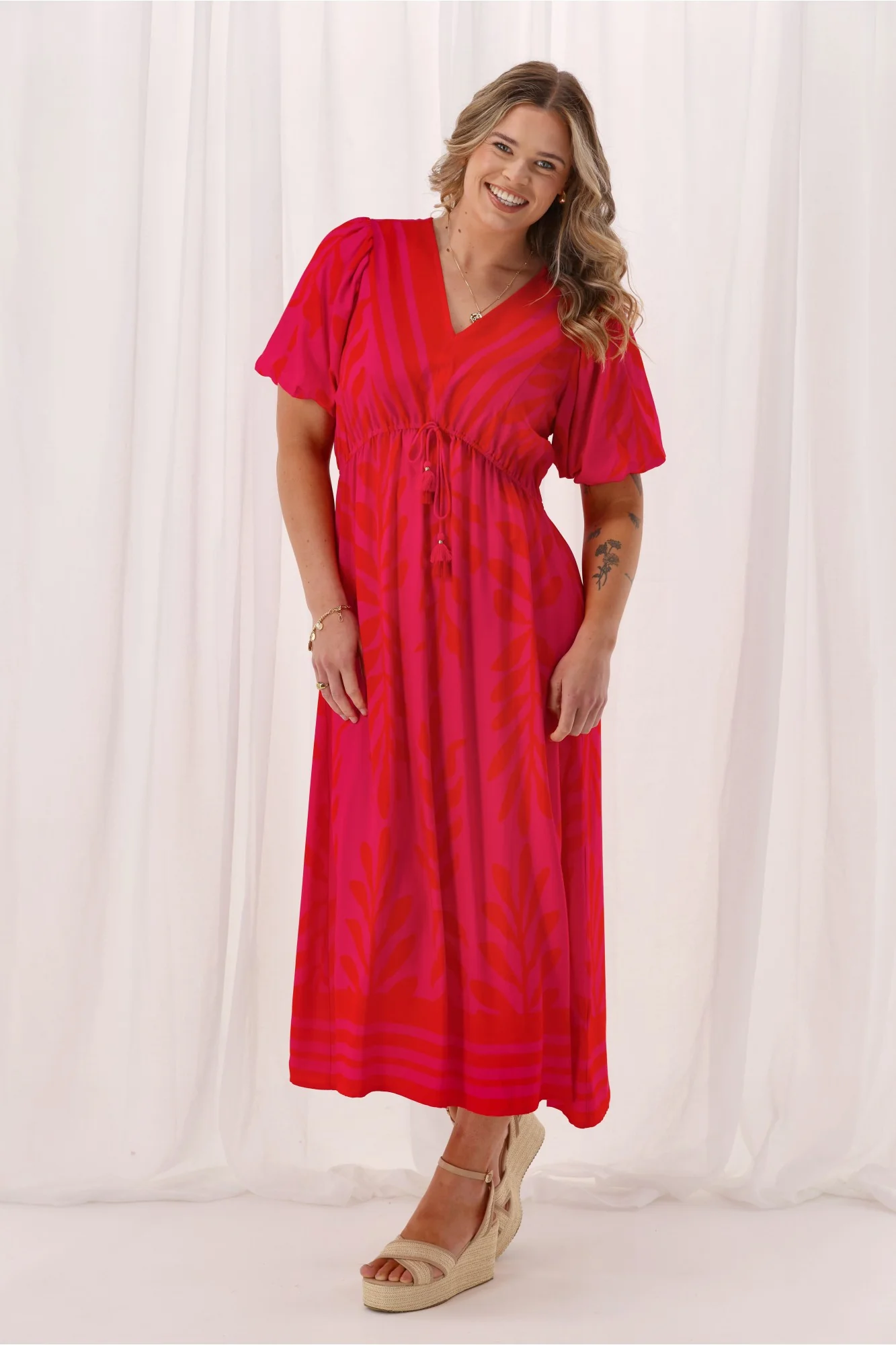 Sunday Boho Rebecca Border Print Dress Fuchsia Lipstick - Image 4