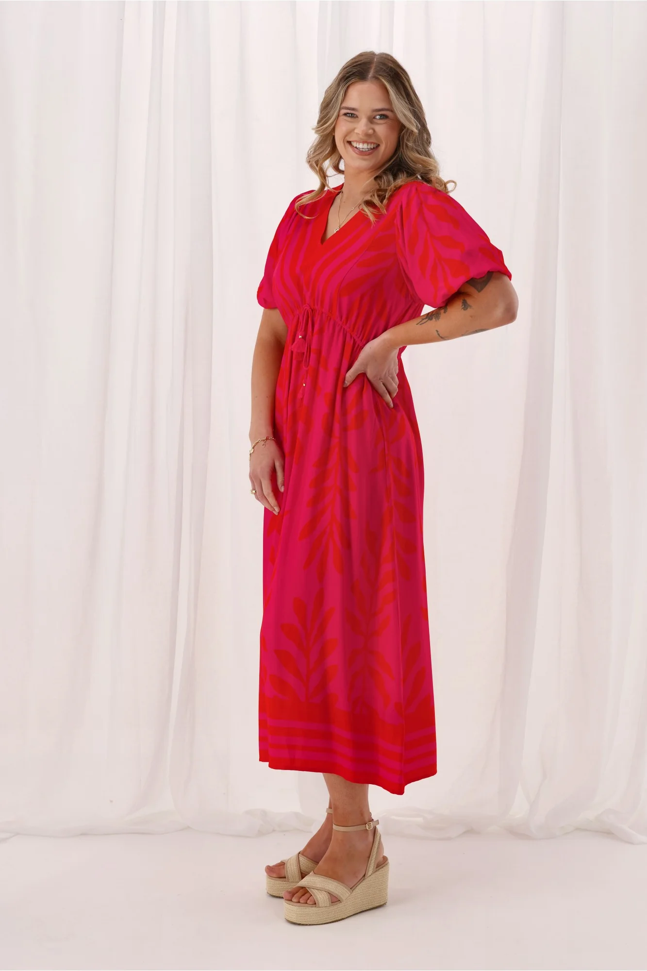 Sunday Boho Rebecca Border Print Dress Fuchsia Lipstick - Image 5