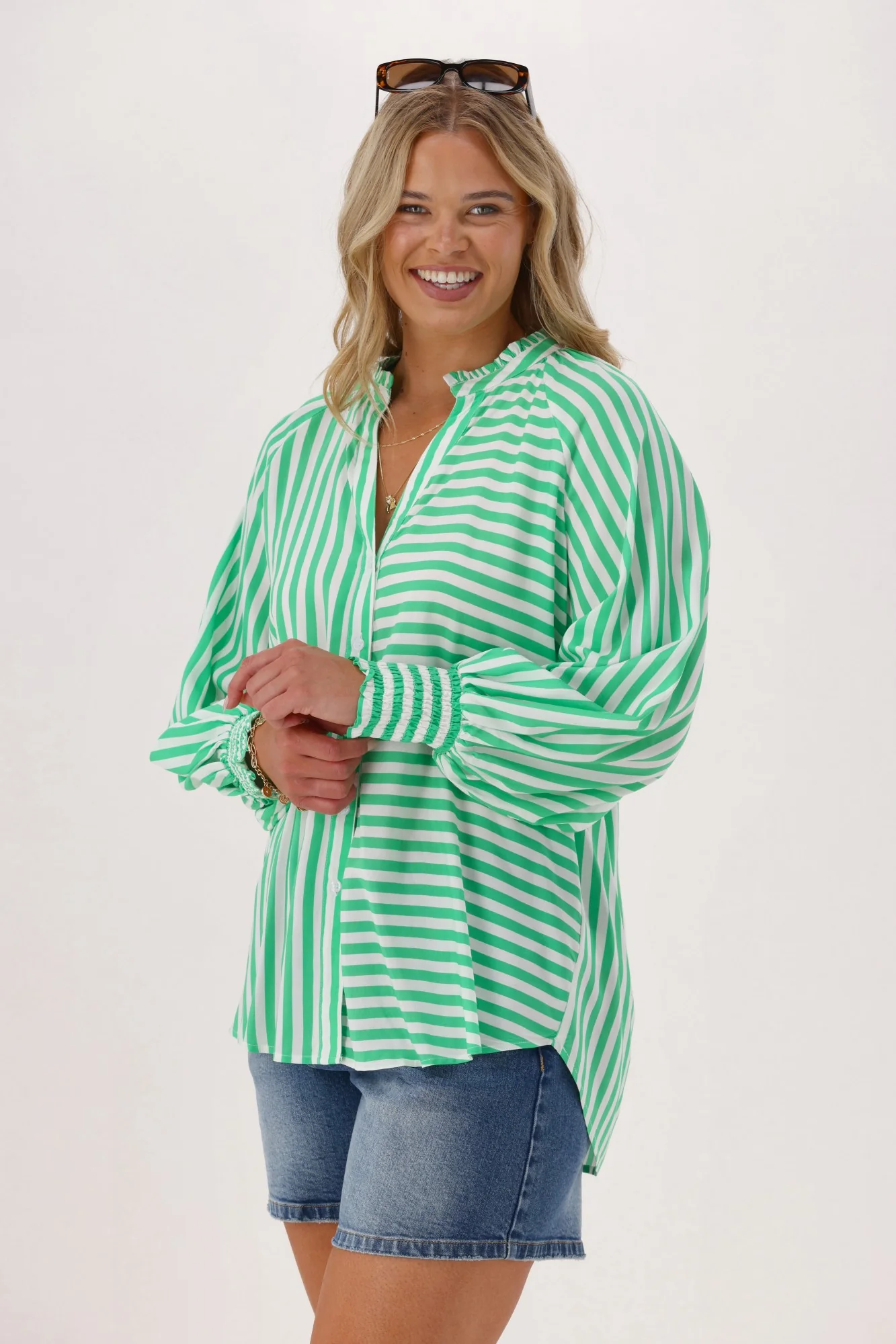 Sunday Boho Reece Stripe Blouse Green Stripe - Image 4