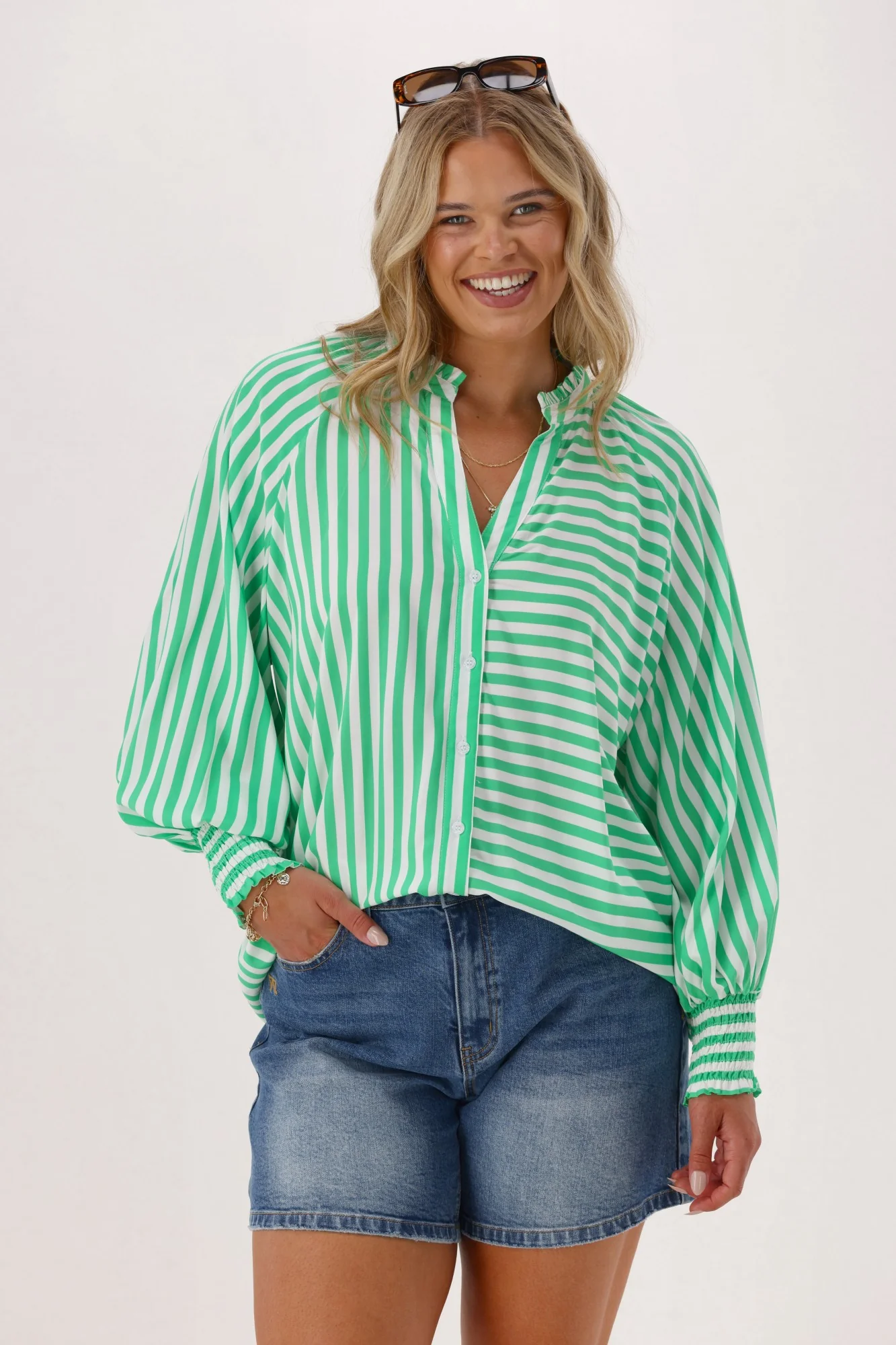 Sunday Boho Reece Stripe Blouse Green Stripe - Image 6
