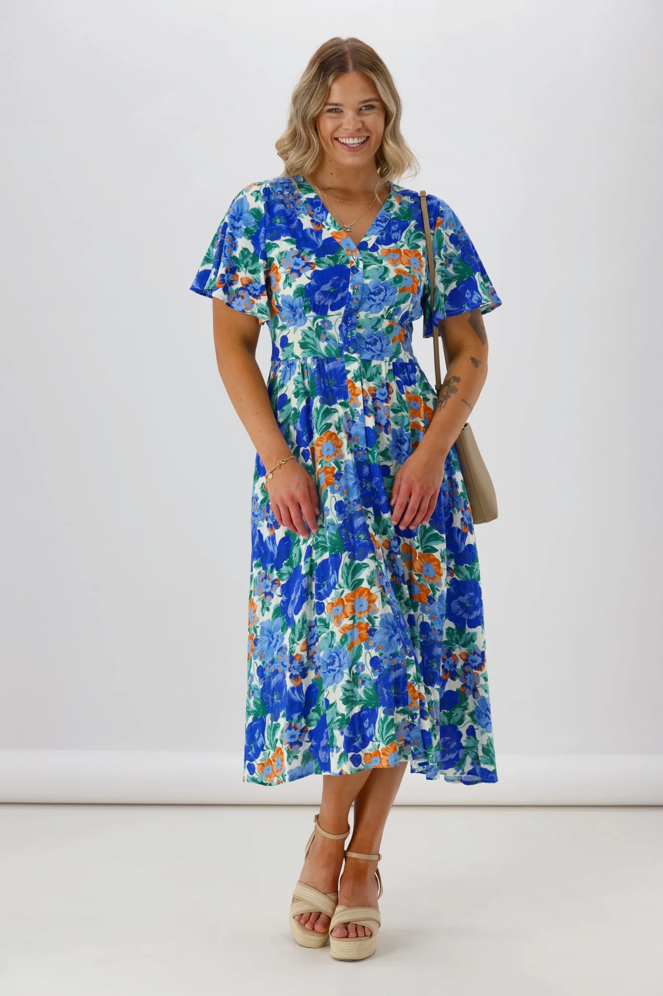 Sunday Boho Romina Button Through Flutter Sleeve Dress Blue Floral Print