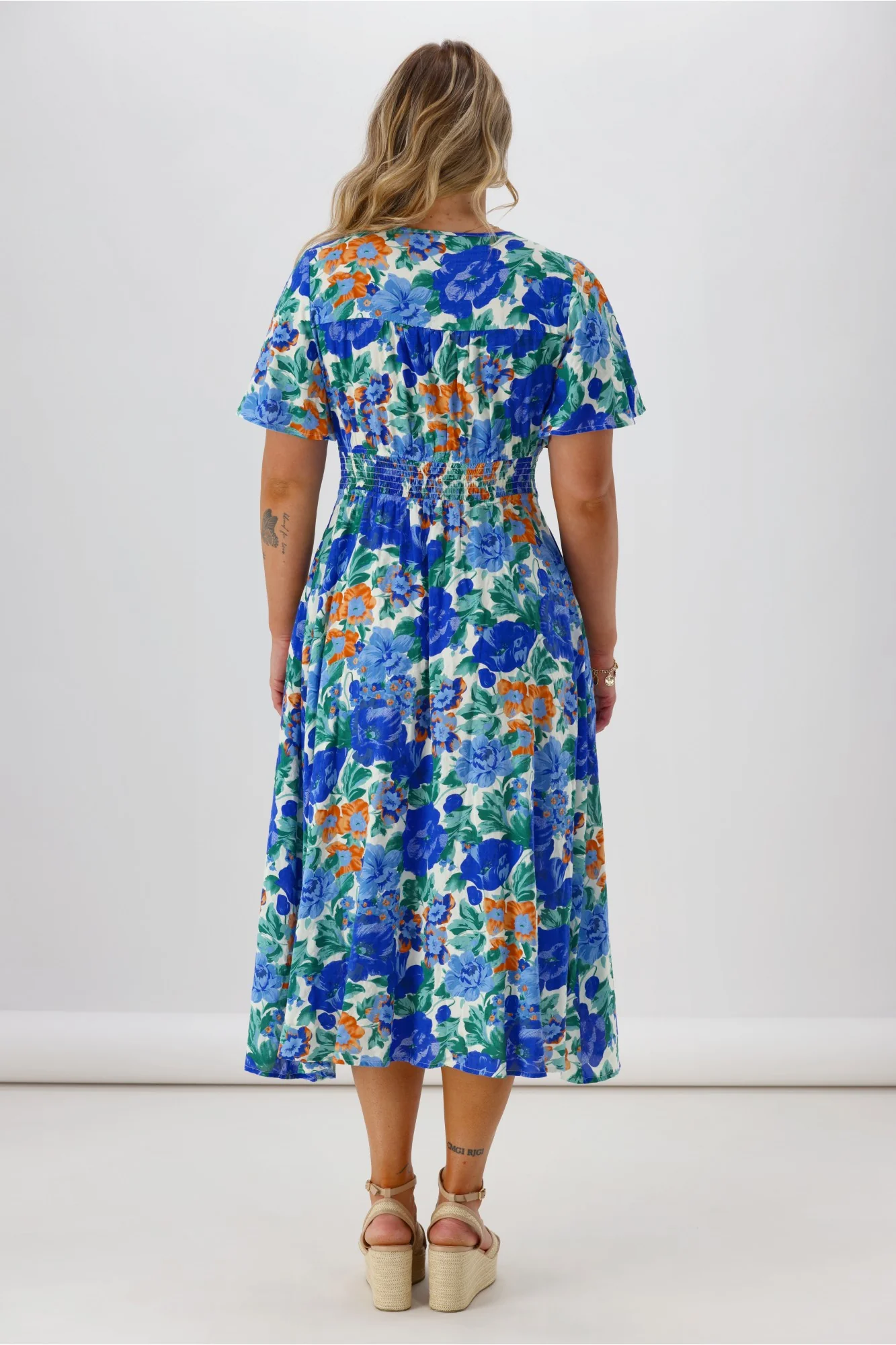 Sunday Boho Romina Button Through Flutter Sleeve Dress Blue Floral Print - Image 6