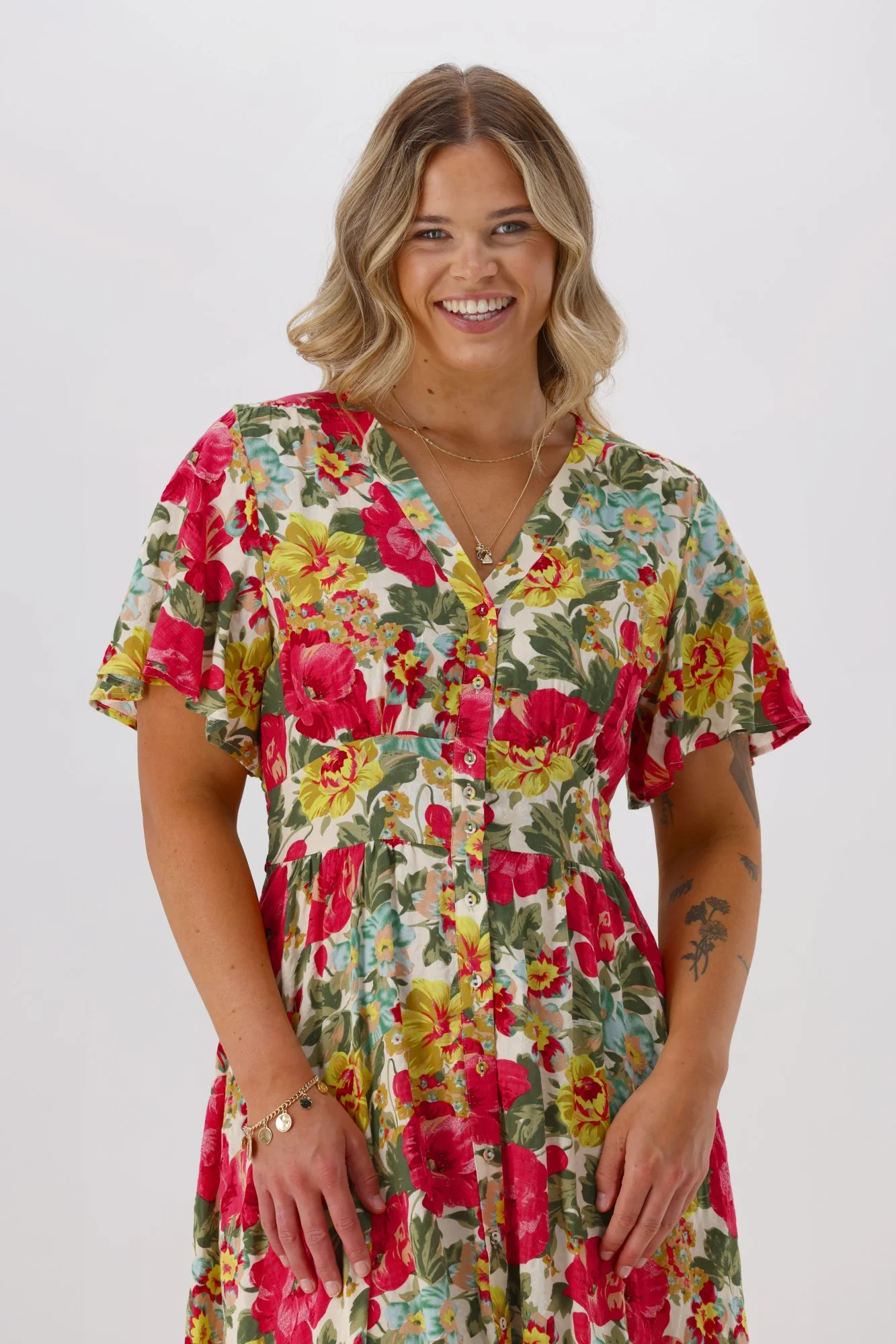Sunday Boho Romina Button Through Flutter Sleeve Dress Pink Floral Print - Image 2