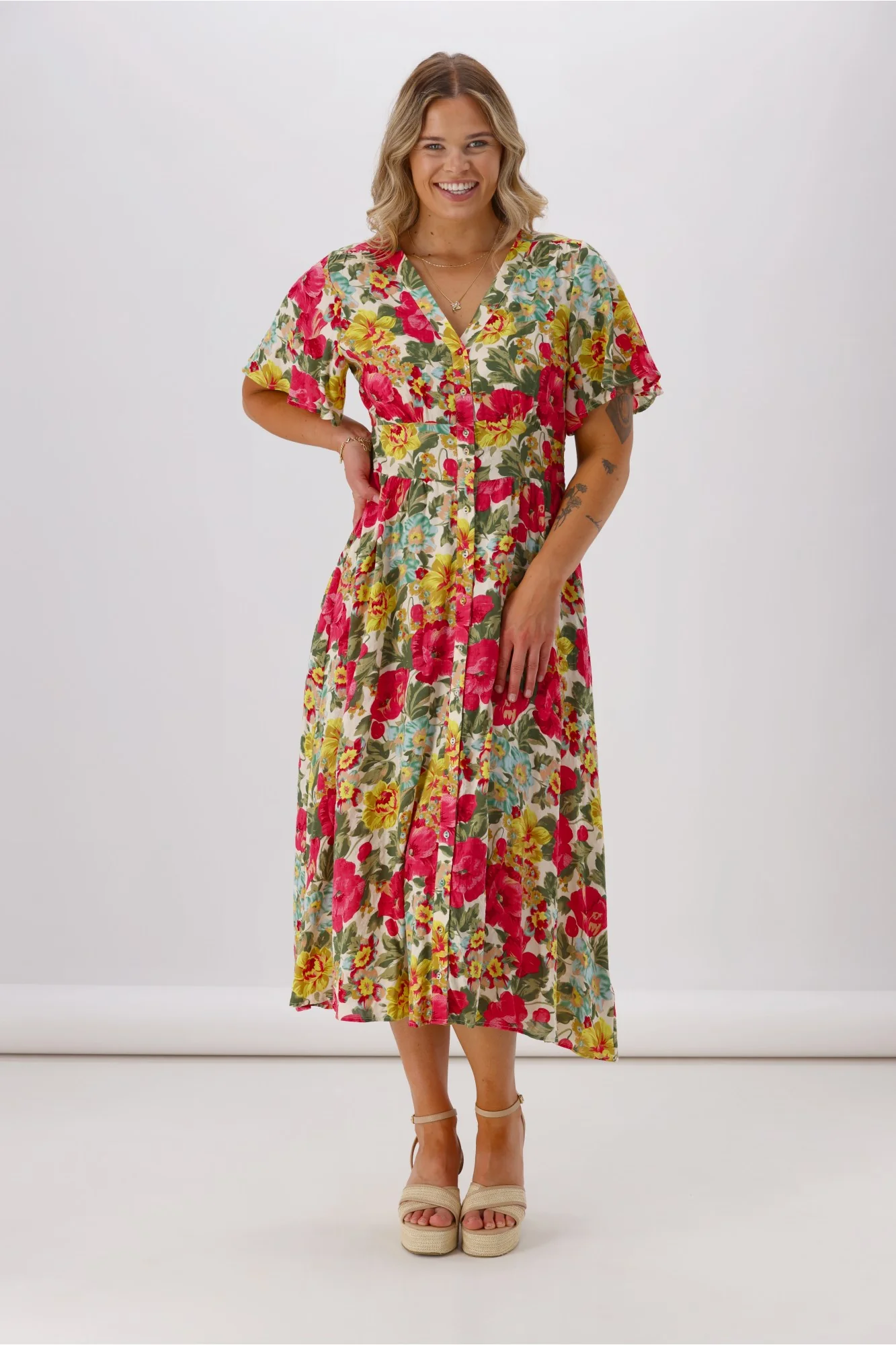 Sunday Boho Romina Button Through Flutter Sleeve Dress Pink Floral Print - Image 4