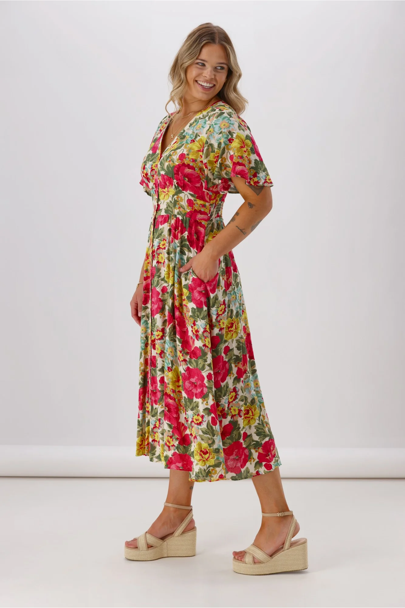 Sunday Boho Romina Button Through Flutter Sleeve Dress Pink Floral Print - Image 5