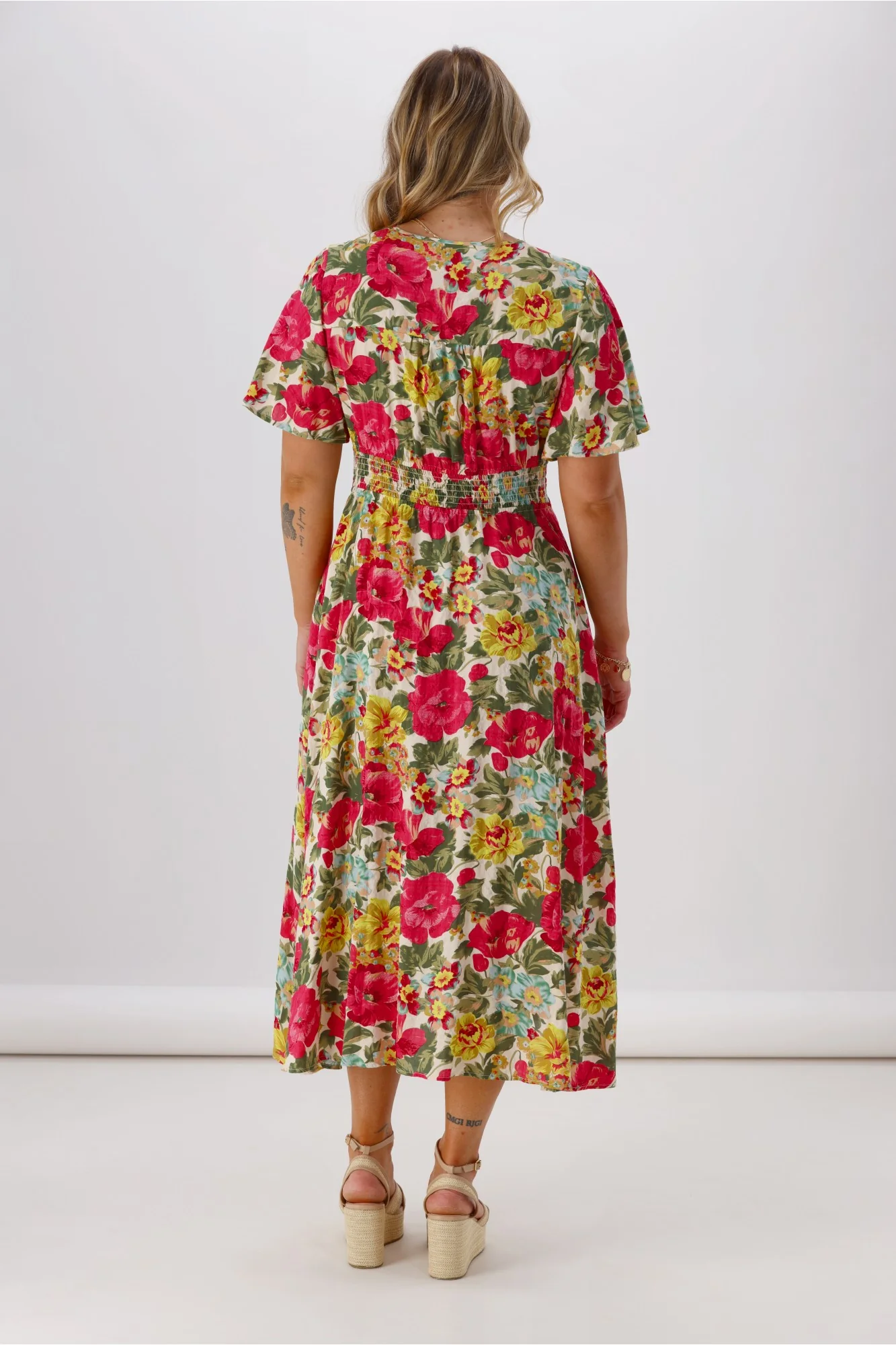 Sunday Boho Romina Button Through Flutter Sleeve Dress Pink Floral Print - Image 6