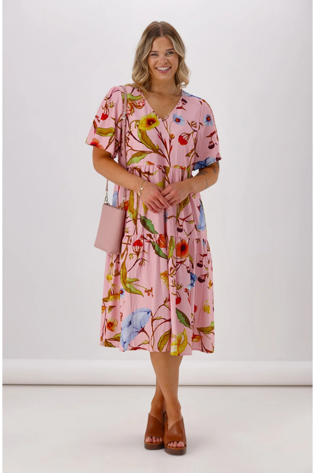 Sunday Boho Rumi V Neck Tier Dress Pink Floral