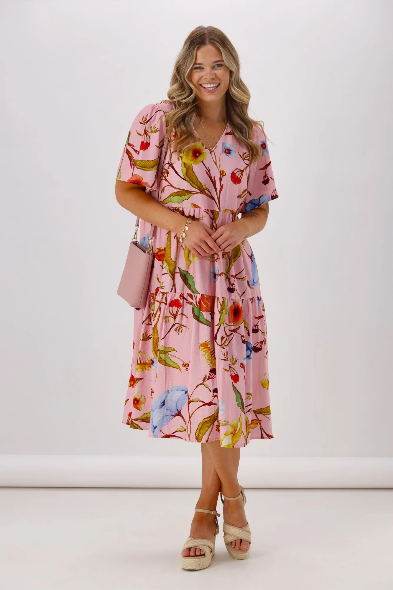 Sunday Boho Rumi V Neck Tier Dress Pink Floral - Image 2