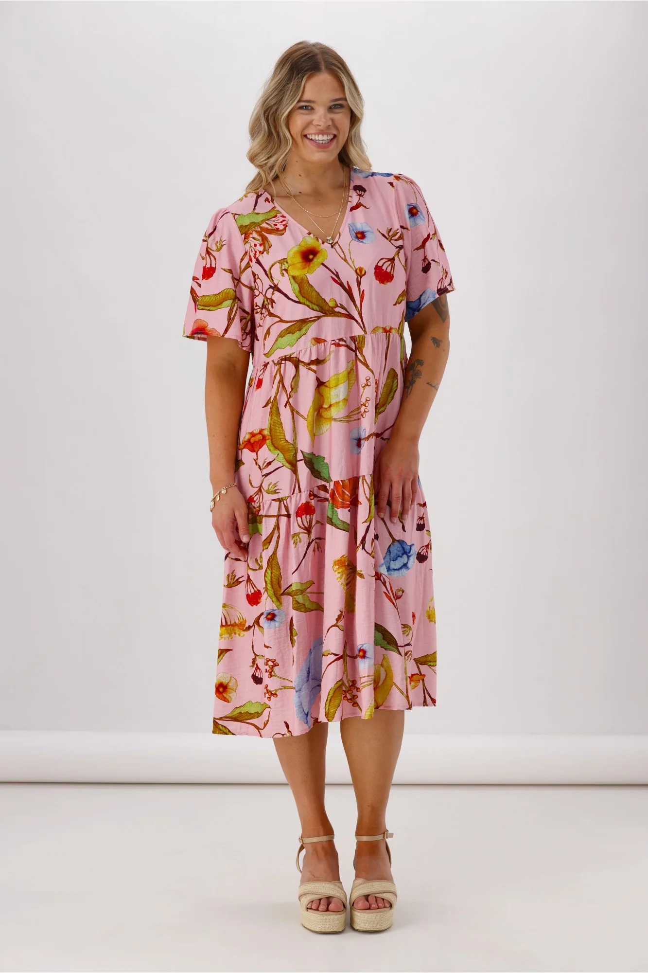 Sunday Boho Rumi V Neck Tier Dress Pink Floral - Image 4