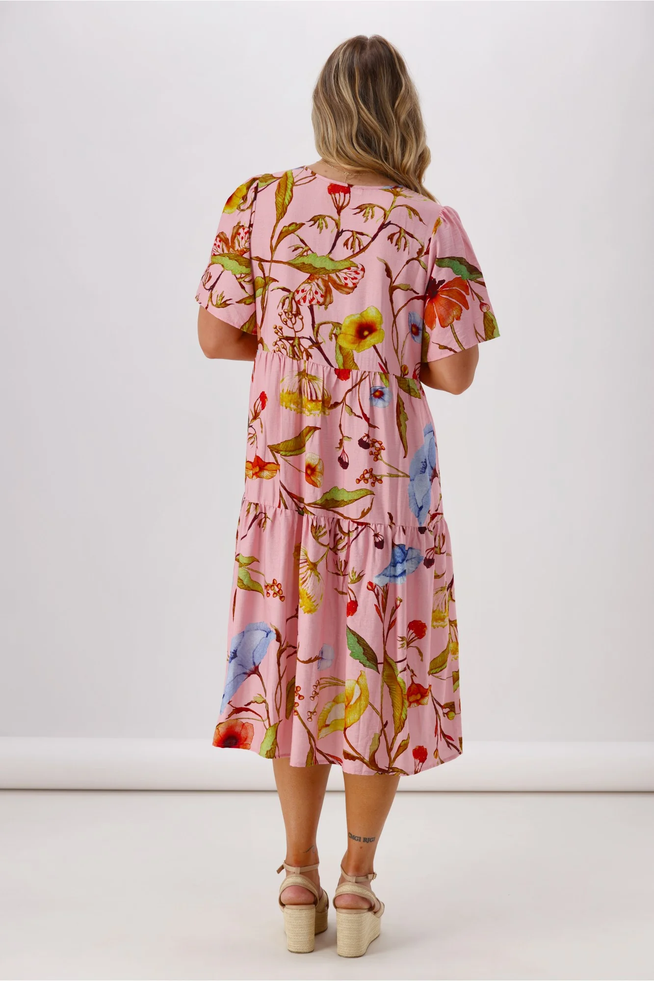 Sunday Boho Rumi V Neck Tier Dress Pink Floral - Image 6