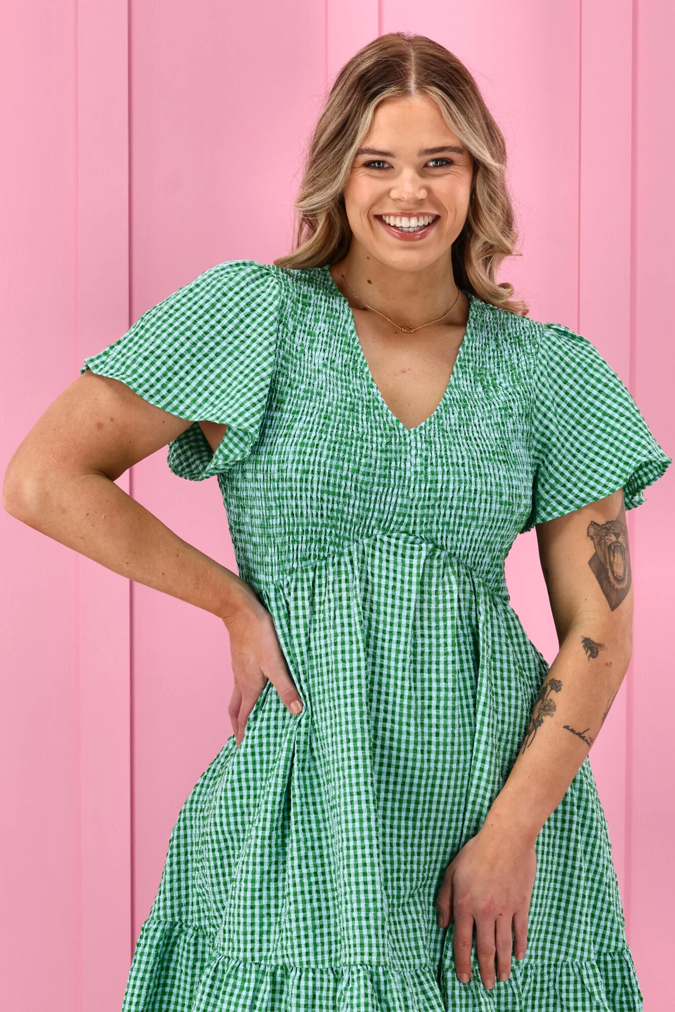 Sunday Boho Tania Dress Green Check - Image 3