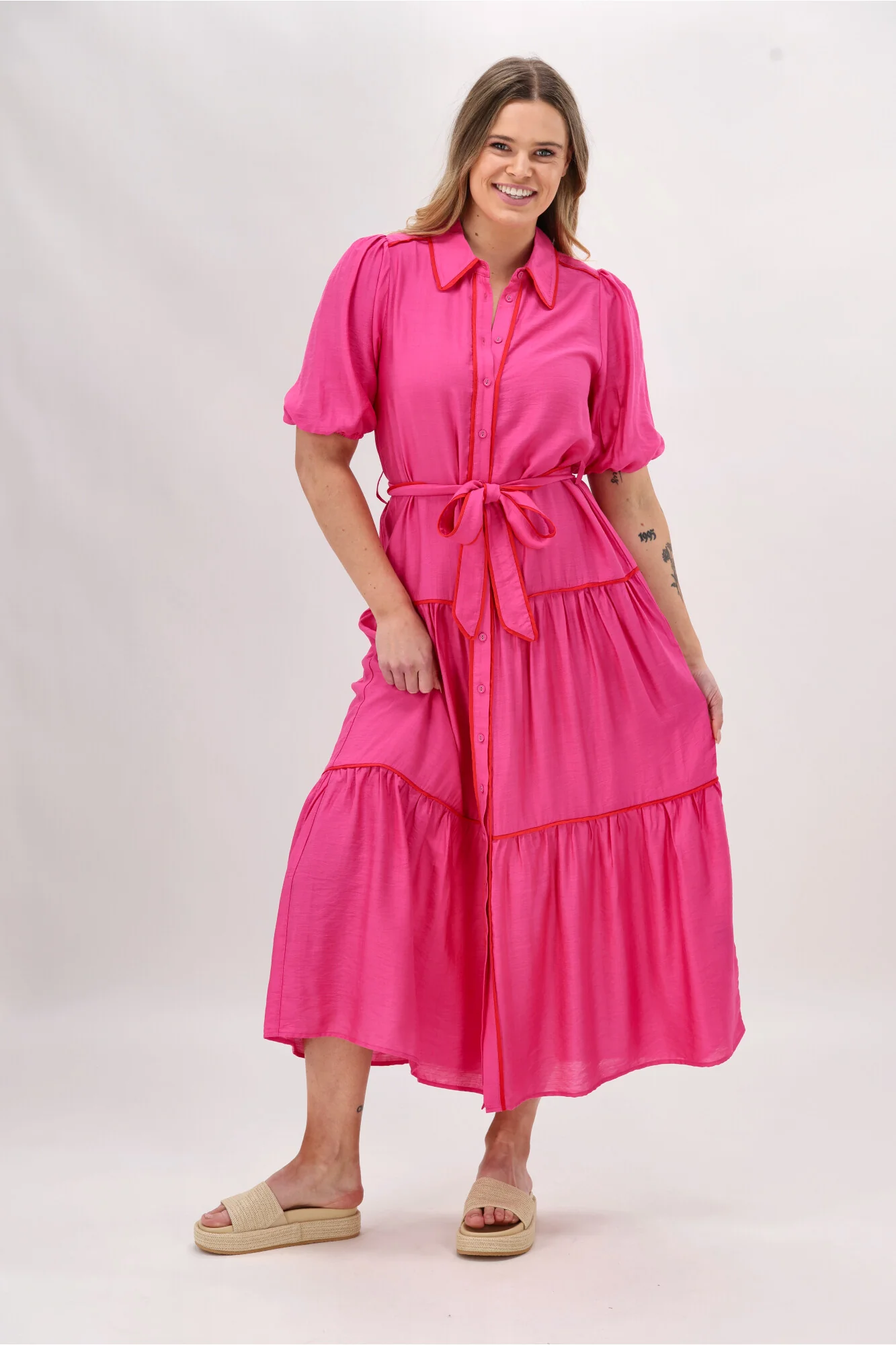 Sunday Boho Tenor Belted Shirtdress Pink