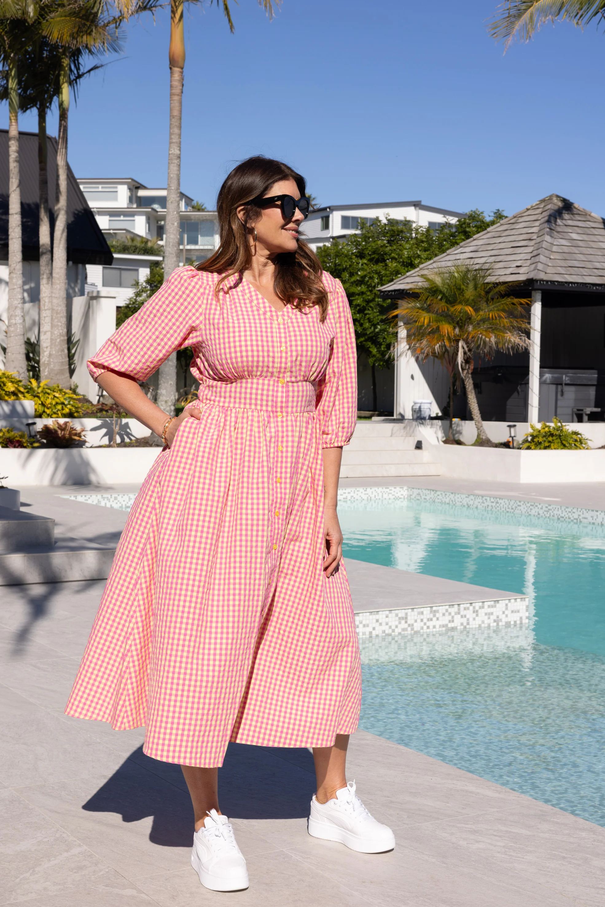 Sunday Boho Thea Dress Print Check Pink Yellow