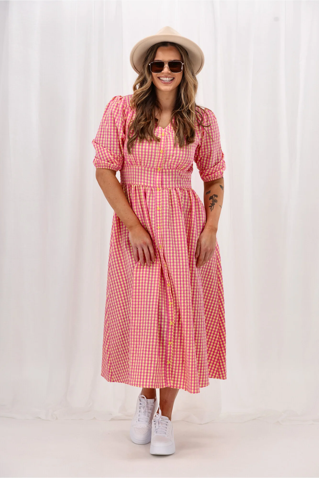 Sunday Boho Thea Dress Print Check Pink Yellow - Image 2